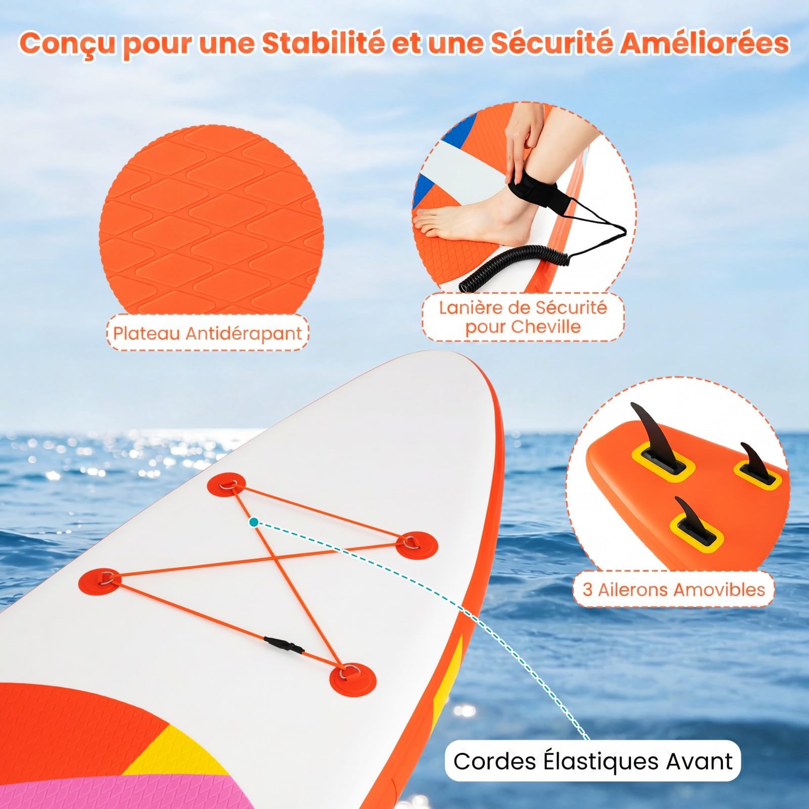 HOMASIS 336 x 77 x 16 cm Planche à Pagaie Gonflable, Planche de Surf avec Pagaie Réglable, Pompe à Main, 3 Ailerons, Anneaux en D & Laisse, Paddle Stand Up Léger pour Surf, Lacs, Mers