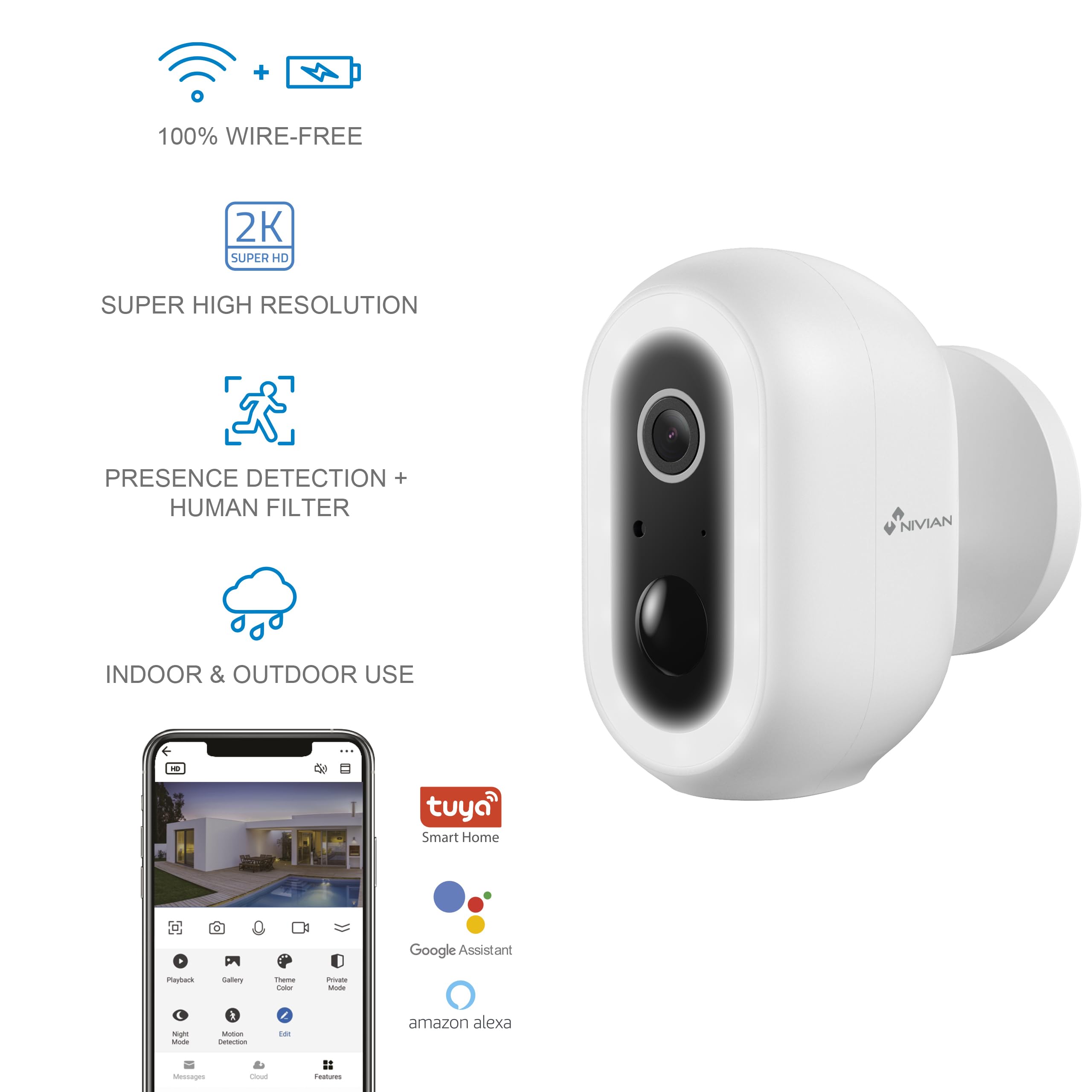 NIVIAN Caméra WiFi Extérieure 2K – Batterie Longue Durée, Détection Humaine PIR IA, Vision Nocturne Couleur, Audio Bidirectionnel, Sirène et LED, App TUYA, Compatible Alexa et Google Assistant