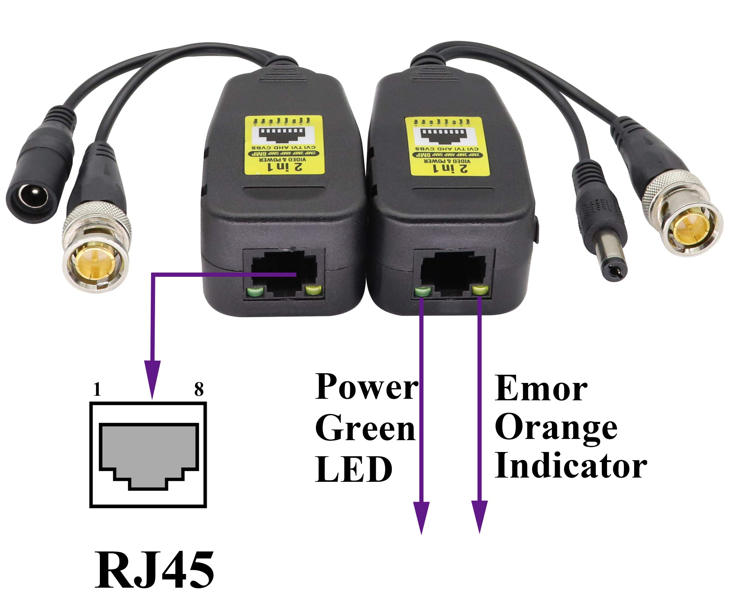 Power Video DC BNC a Cat5 RJ45 ricetrasmettitore di rete HDCVI/TVI/AHD/CVBS, con connettore CC, per sistemi di monitoraggio DVR di sicurezza 720P 960P 1080P 3MP 4MP 5MP 8MP CCTV DVR (18 cm/4