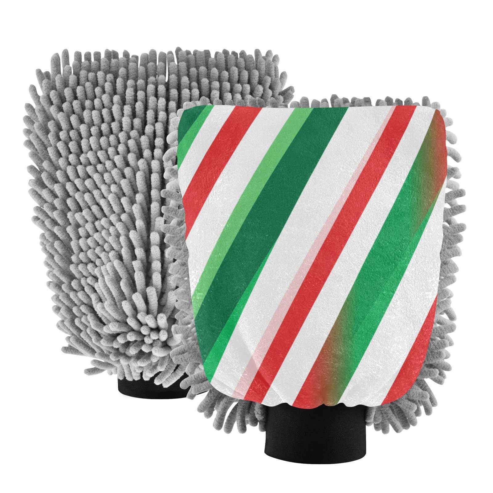 STAYTOP Green and Red Diagonal Striped Car Wash Mitt Microfiber, 2Pcs Scratch Free Lint-Free, Premium Chenille Microfiber Mitt Car Wash Brush-L
