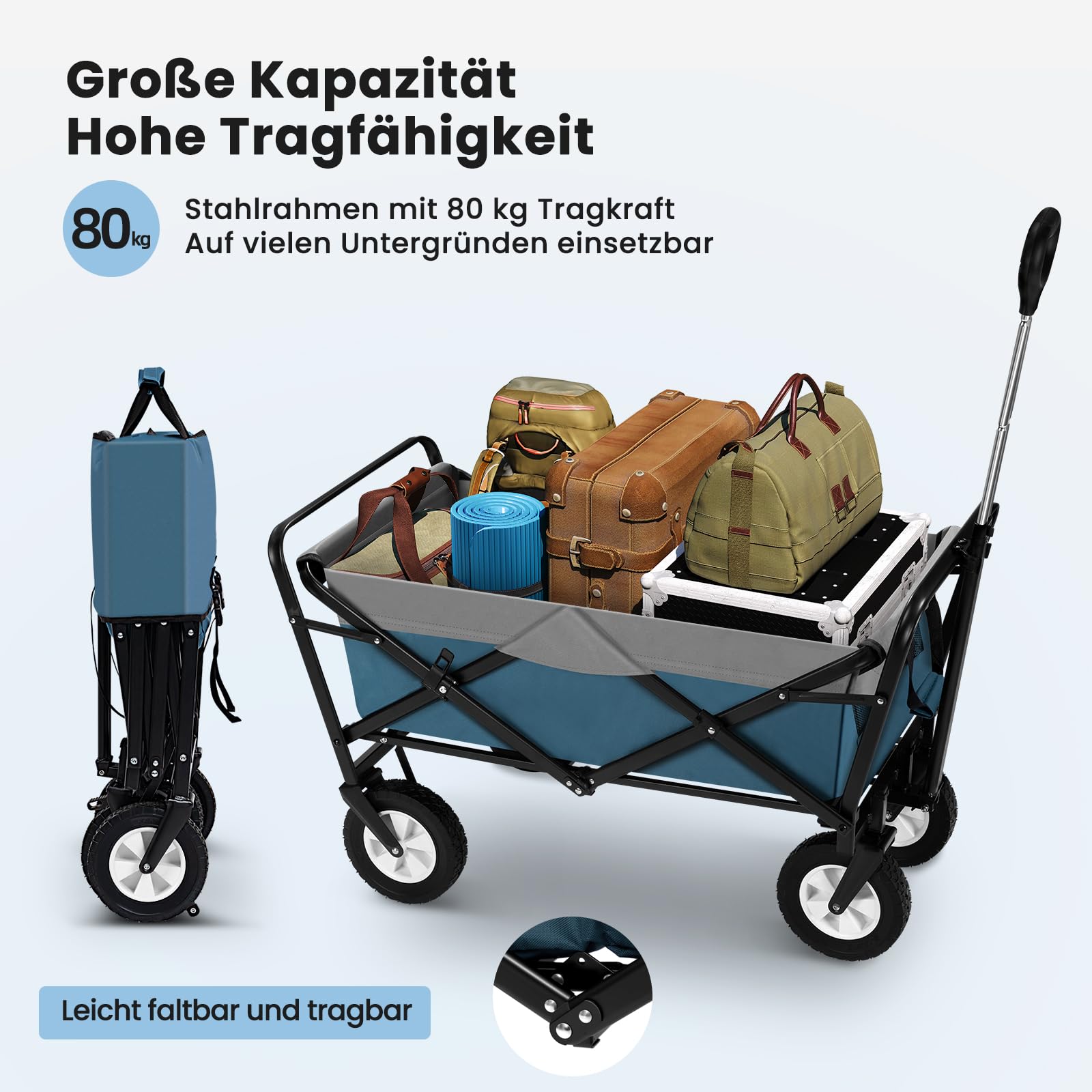 EUGAD Bollerwagen faltbar klappbar Transportkarre Handwagen mit 4 Rollen für Camping Einkaufen belastbar bis 80kg, Blau