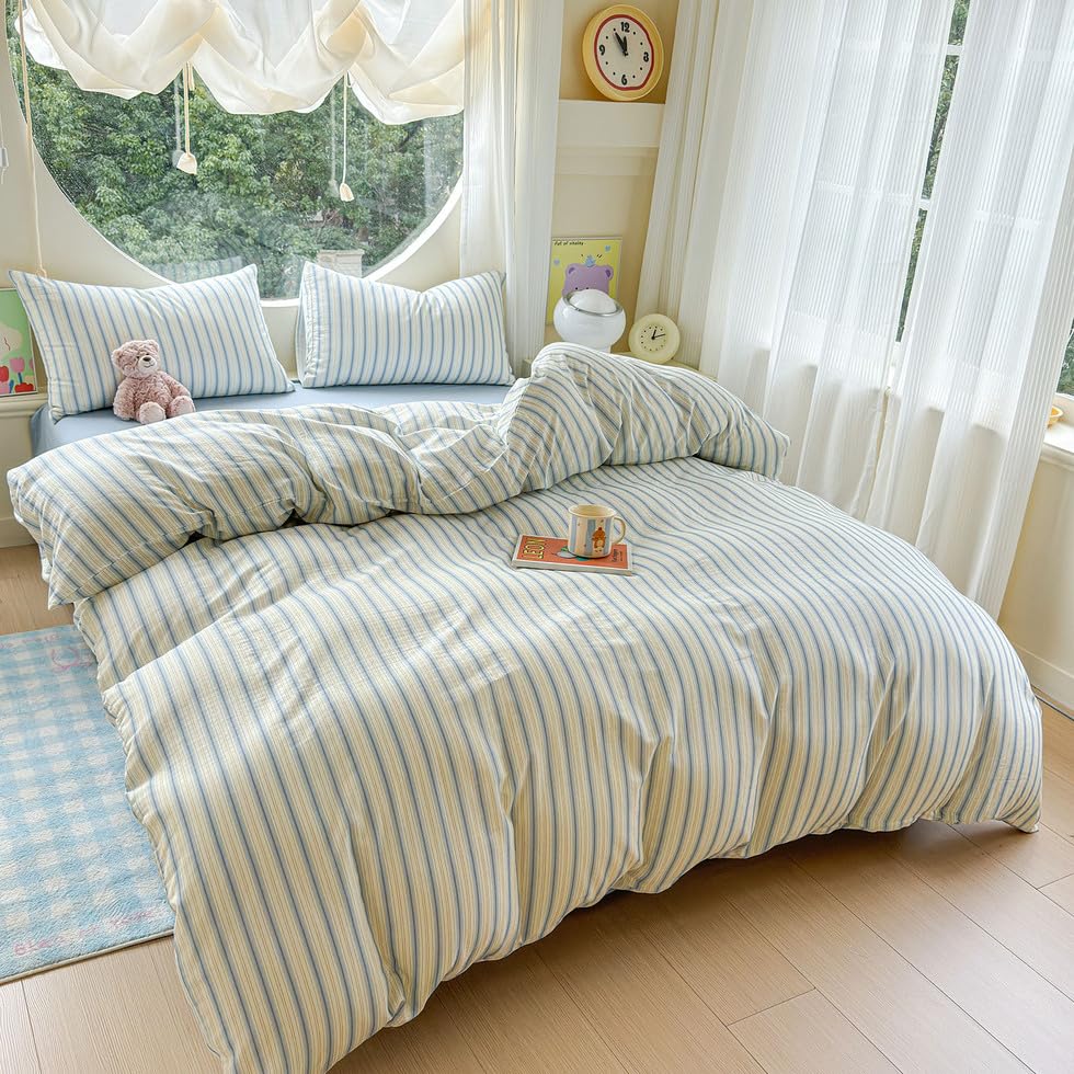 Image of EAVD Vintage Striped Duvet Cover Queen Soft 100% Muslin Cotton Linen Feel Gauze Farmhouse Blue Vertical Striped Pattern Bedding Set for Men Women Reversible Geometric Duvet Cover with Zipper Closure