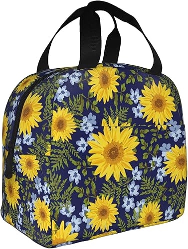 Bolsa de almuerzo aislada de moda con estampado de girasol azul marino para mujer, contenedor reutilizable, impermeable, portátil, enfriador, bolsa