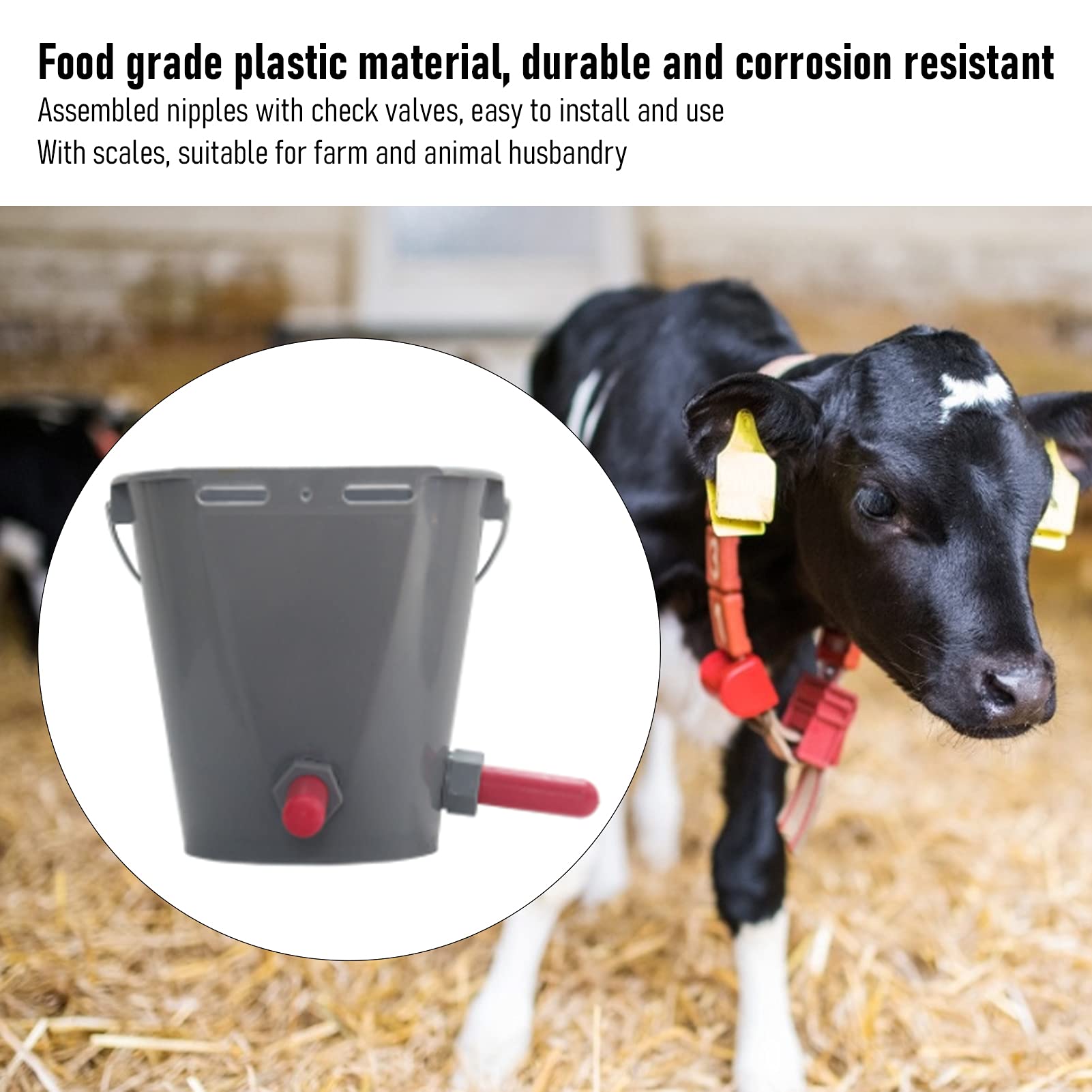 Cubo alimentador de 8 litros con 2 tetinas, accesorio para alimentación de leche, granja ganadera, gris (para ganado)