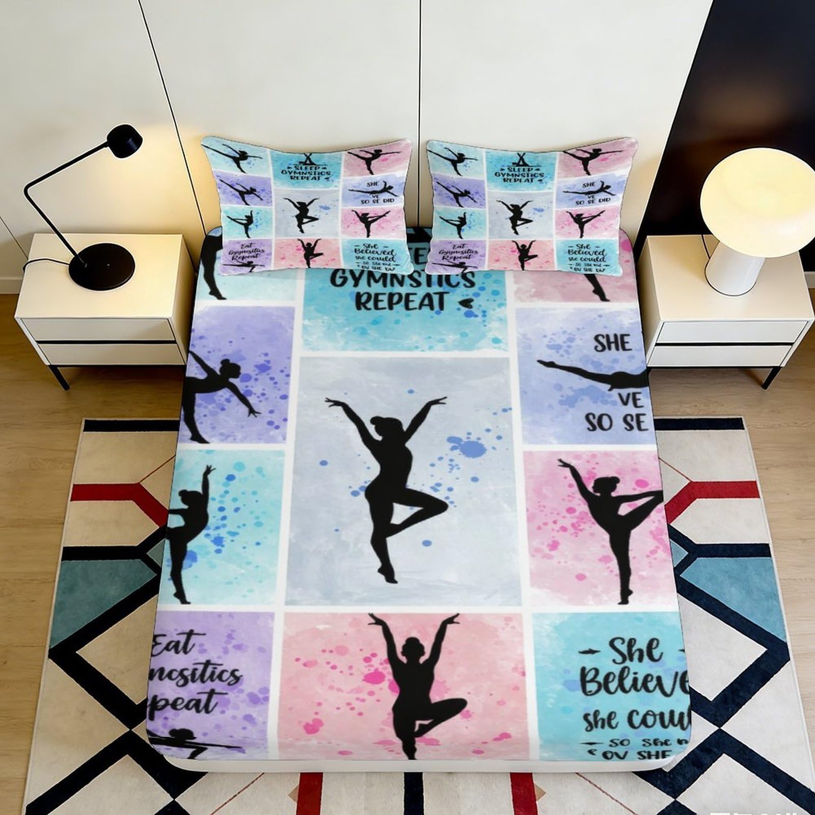 3D Printed Gymnastics Silhouette Fitted Sheet Microfiber Pastel Decor Bed Cover for Bedroom Dorm Machine Washable Anti-Slip 90x200x25cm