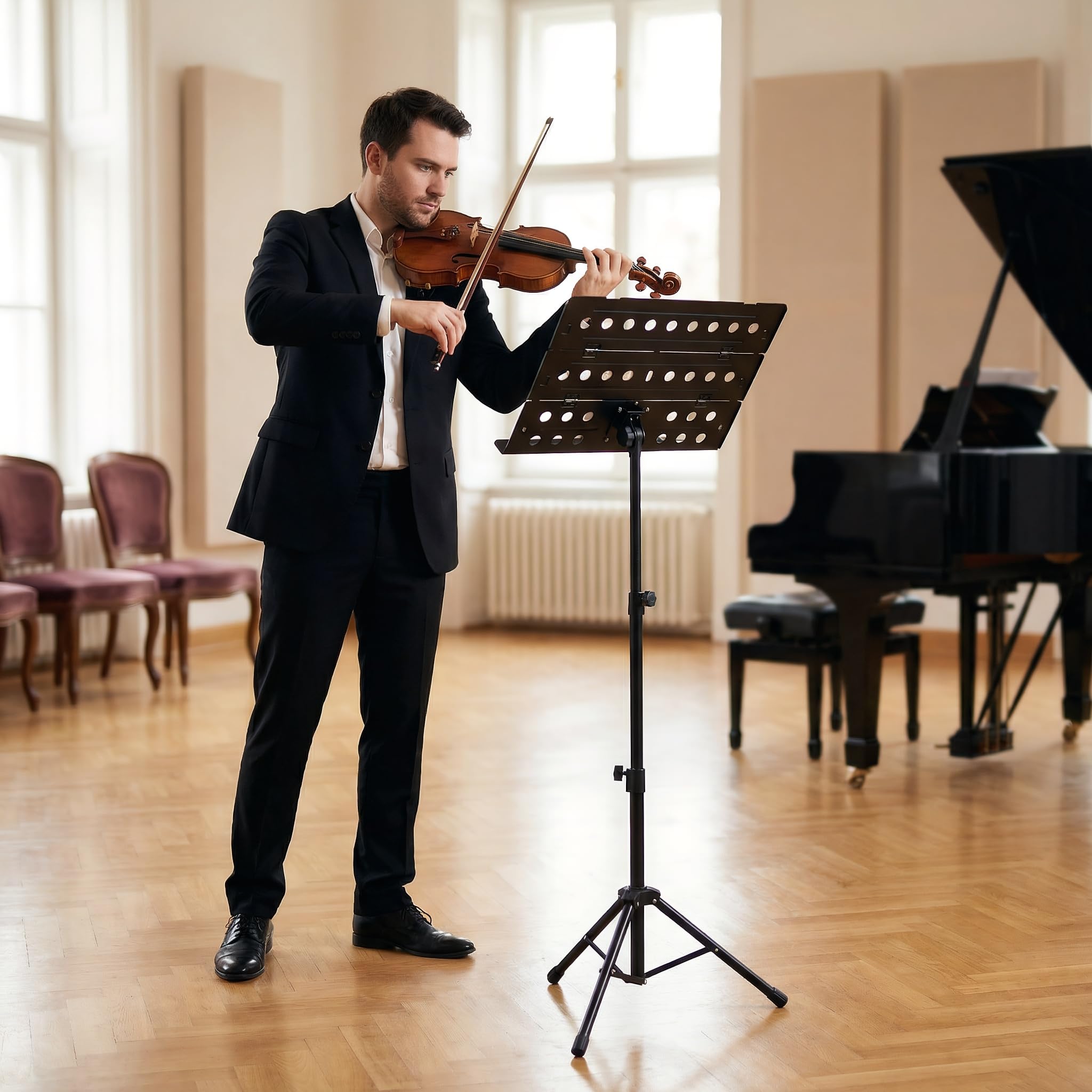 Professioneller Notenständer, höhenverstellbar (49-113cm) robuster Music Stand für Konzert und Reise, Notenständer Klappbar inklusive mit Metall-Dreibein, belüftete Platte & Transporttasche (Schwarz)