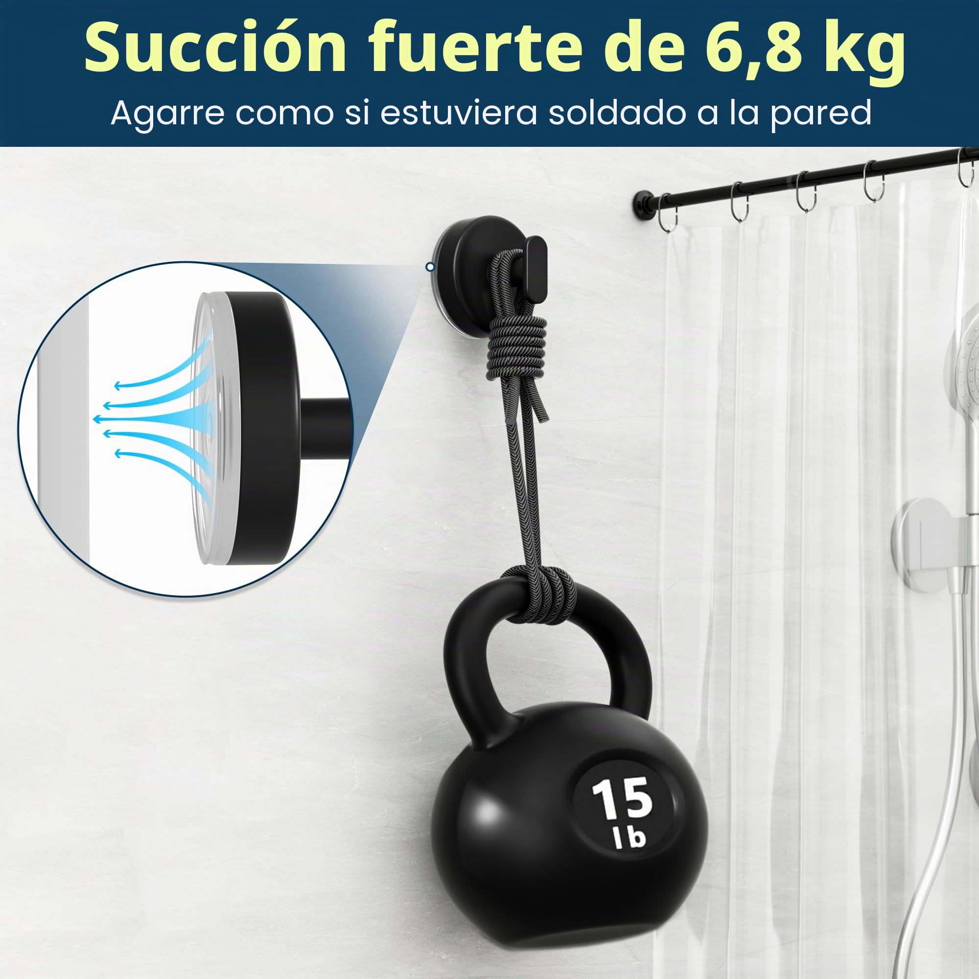 pickpiff Ganchos de ventosa ducha: Colgador extra fuerte de 6,8 kg para baño, cocina, puerta, espejo, azulejos, vidrio – Para toallas, esponjas, abrigos, batas –,negro mate, paquete de 4