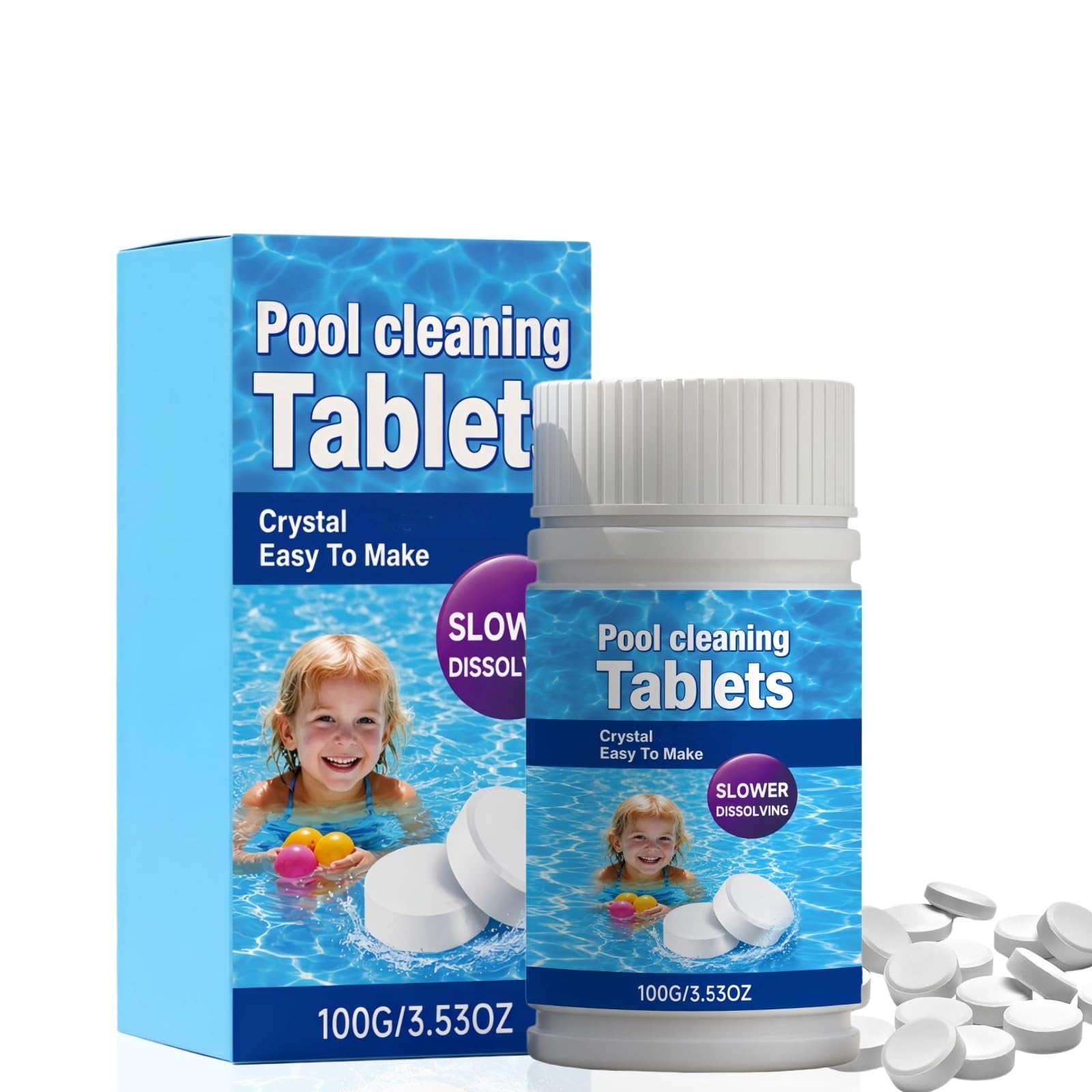 100G Pool Ch/lorine Tablets,Slow Dissolving Chlor/ine Tablets for Swimming Pool & Hot Tub,Chlo/rine Tabl/ets for Swimming Pool & Hot Tub,Instant Multifunction Pool Cleaner for Paddling Pool