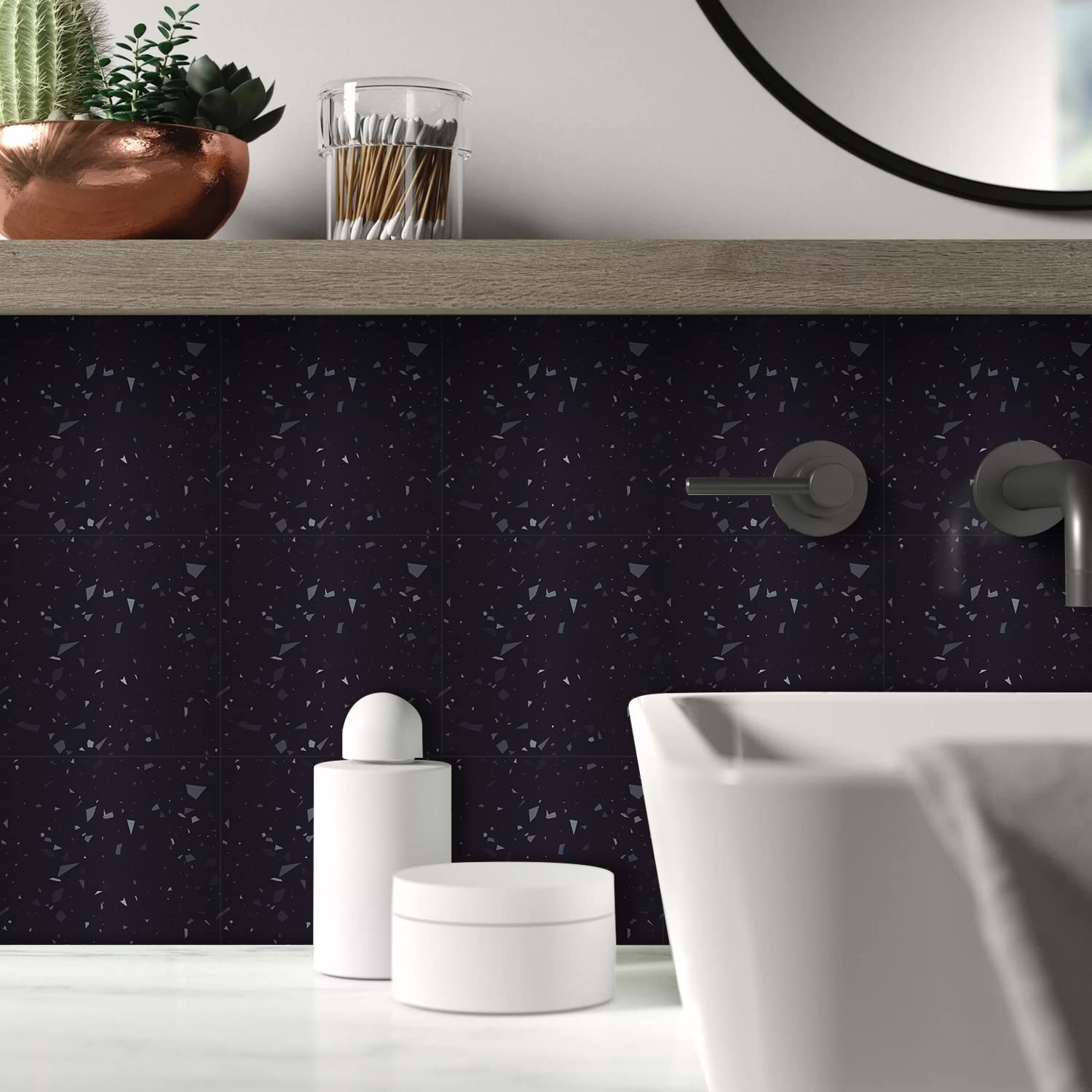 20PCS Metallic Vinyl Tile Stickers for Kitchen Bathroom, Peel and Stick Self-Adhesive Stick on Tile Transfer Backsplash, 8x8inch/20x20cm, Black Terrazzo