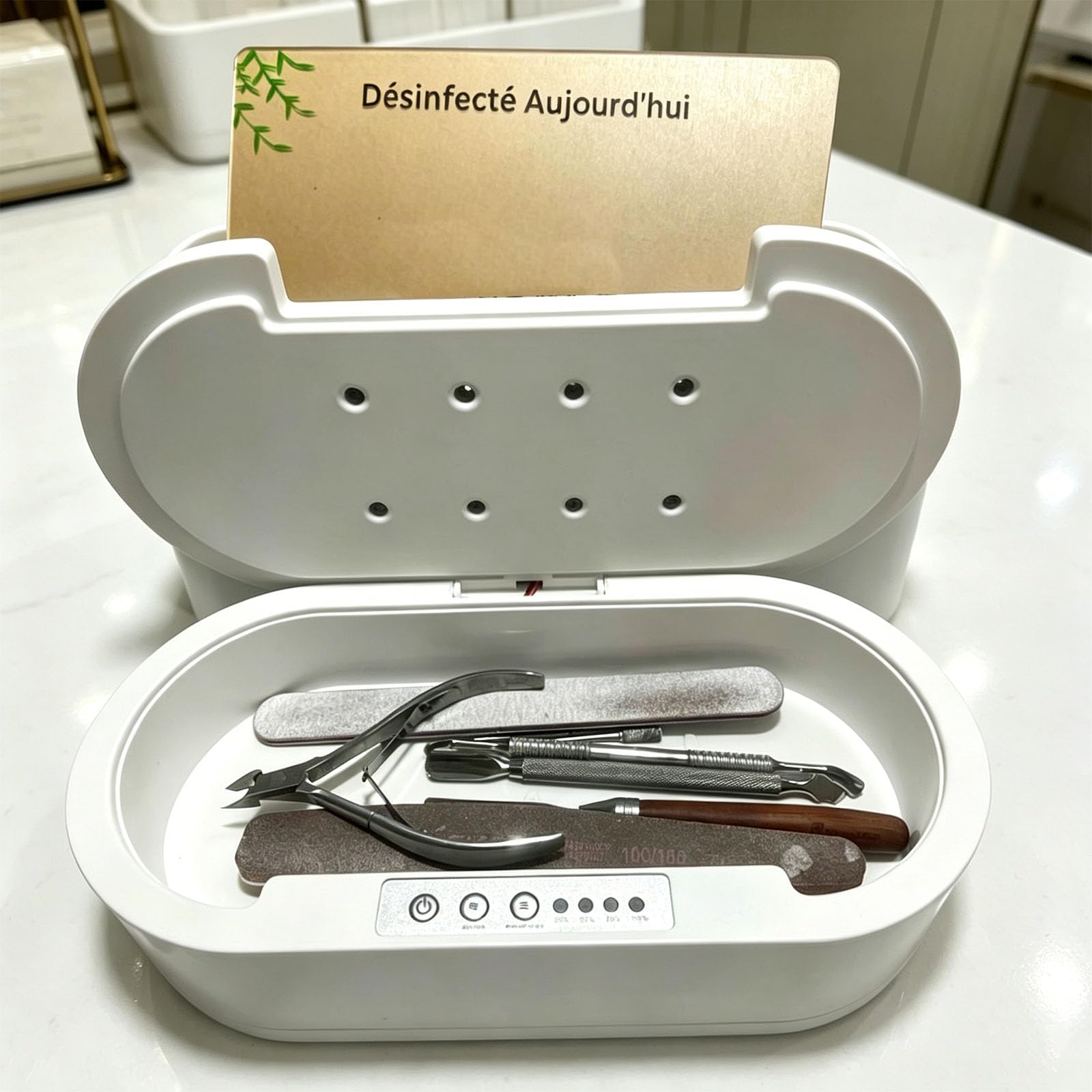 Stérilisateur UV Outils Ongles avec Aromathérapie, Désinfection 99.9% en 5 Minutes, Alerte Vocale, Lampe UV-C 260nm, Boîte Stérilisation pour Salon Manucure Maison