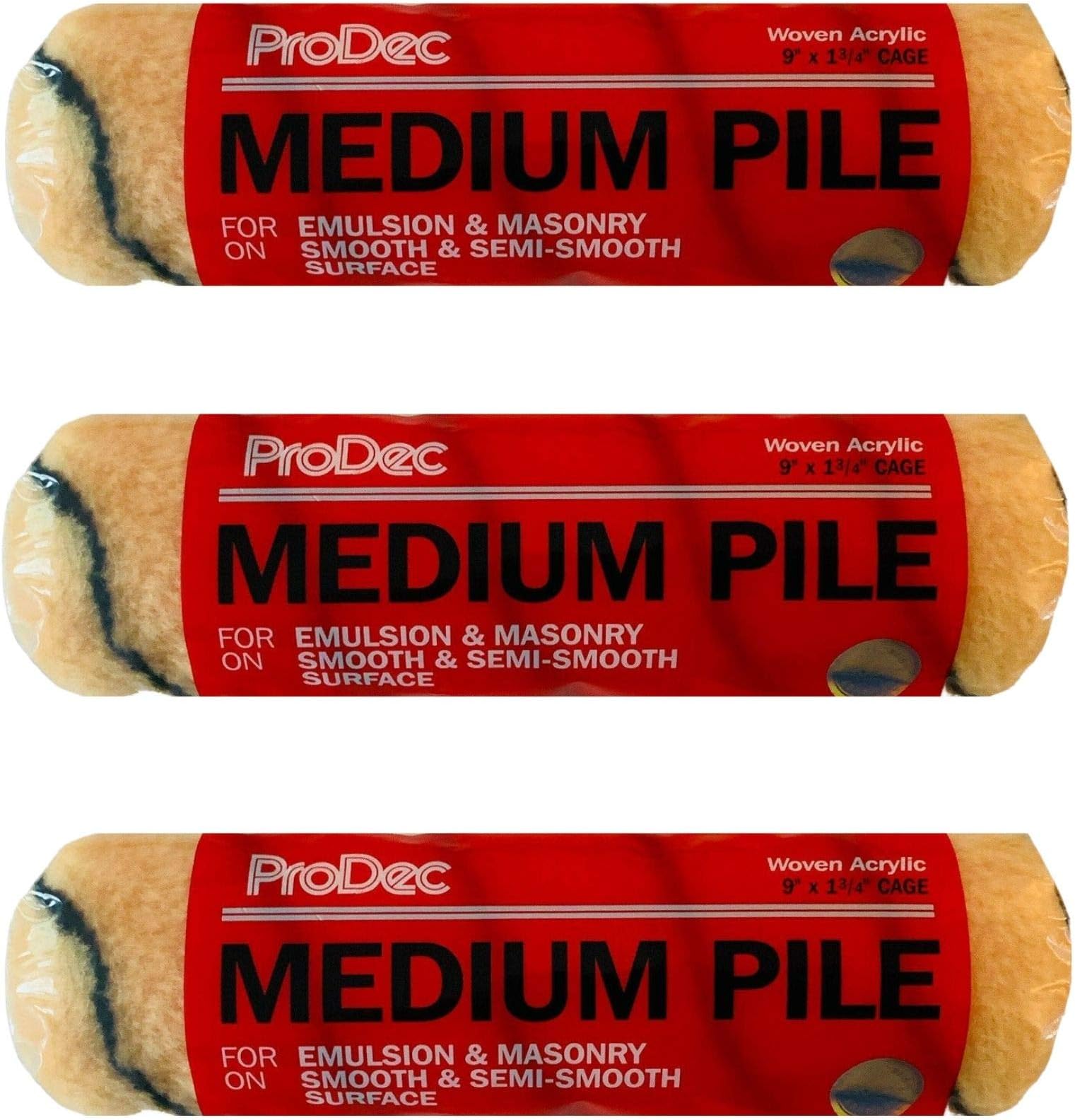 Prodec 9" x 1.75" Inch Medium Pile Roller Sleeves Refill Heads Covers for Walls, Ceilings, Smooth & semi-Smooth Surfaces Trade and DIY Emulsion & Gloss Paint - (3 Pack)