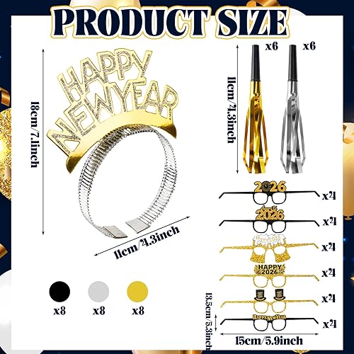 Miniatura 2 de 144 piezas de suministros para fiesta de Año Nuevo 2026, incluyen diadema de feliz año nuevo, gafas largas y cortas con flecos, para regalos de
