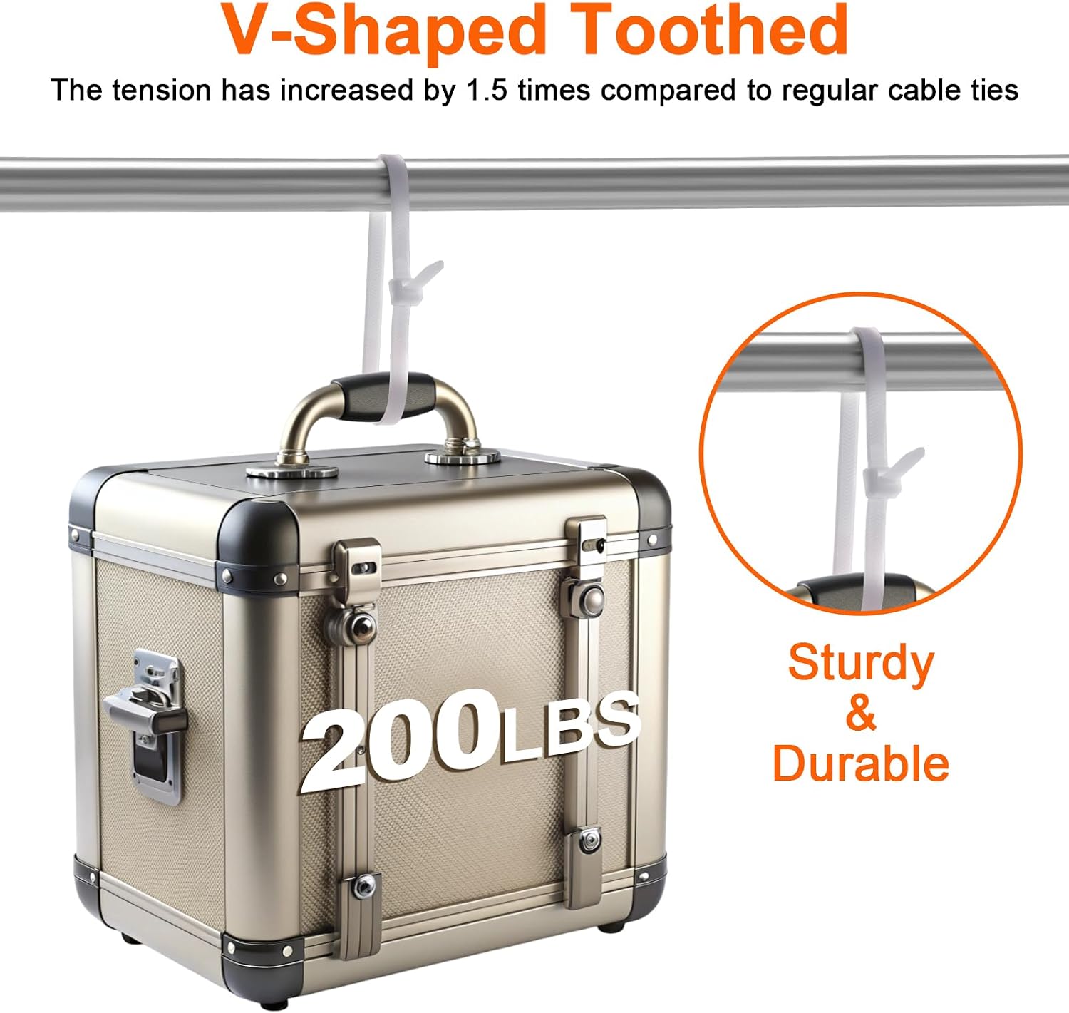 12"─-shaped & V-shaped double-sided tooth zip ties white. ─: 100lbs, V: 200lbs tensile strength. Heavy-duty, self-locking, adjustable, durable nylon ties for indoor/outdoor use. (40V+60─)
