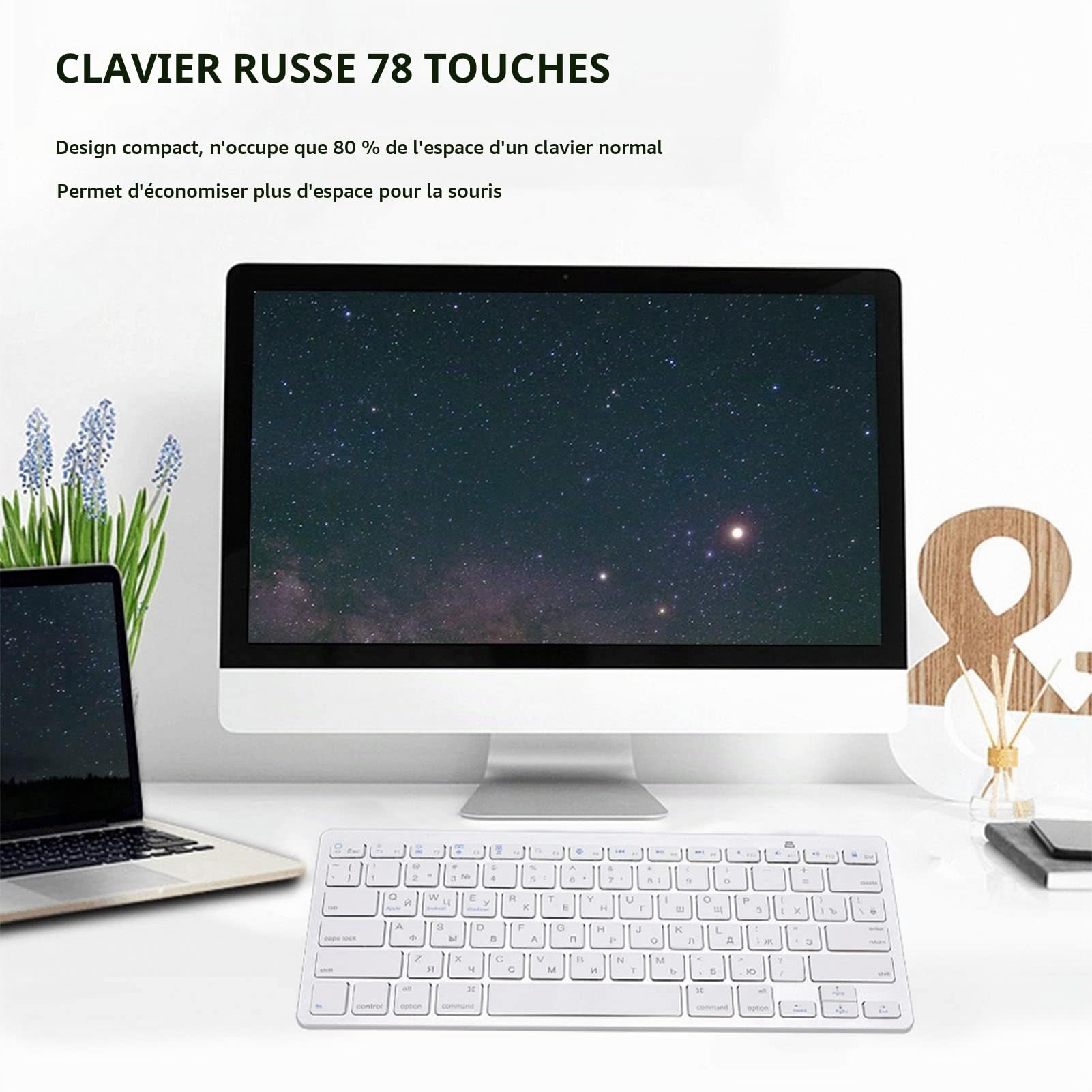 Clavier Russe Bluetooth, 78 Touches Bouton Flottant Ultra-Mince Clavier sans Fil Russe pour Mac, pour Android, pour - Argent Blanc
