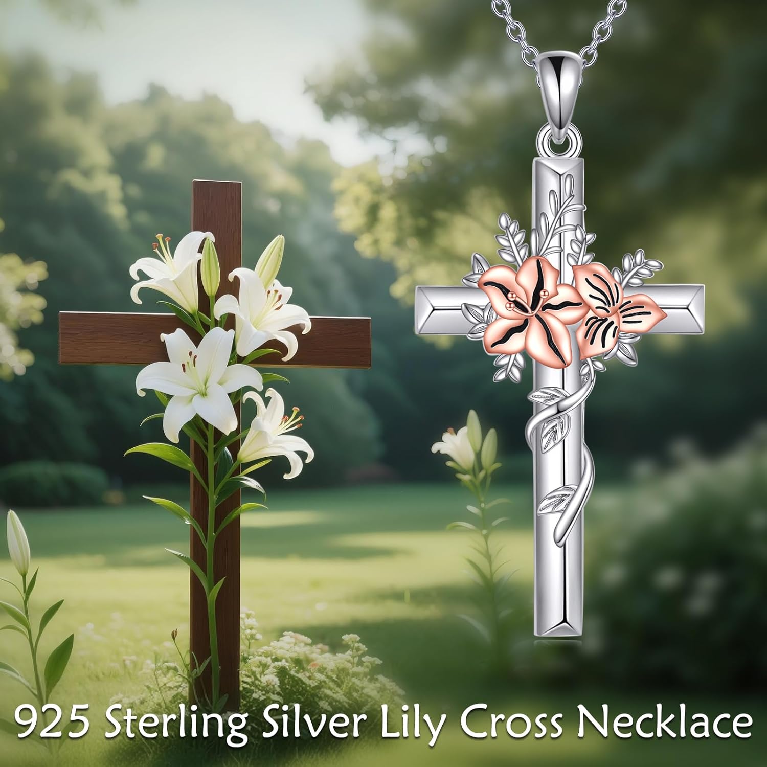 Lily Cross Necklace 925 Sterling Silver Lily Flower Pendant Cross Flower Jewelry Gifts For Women Female Mother - Image 6