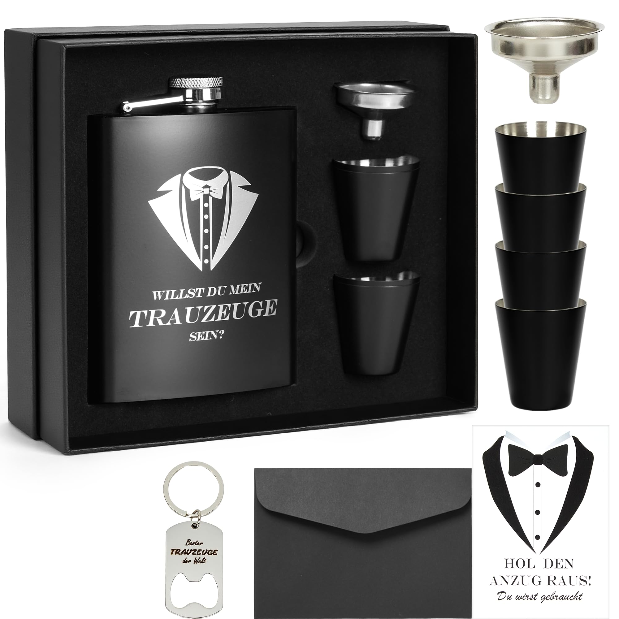 Flachmann mit Gravur 8oz Edelstahl Geschenkset für Trauzeuge und Trauzeugin, Schwarze Geschenkbox mit 4 Bechern und Trichter, Personalisiertes Hochzeitsgeschenk für Männer und Frauen, BLACK