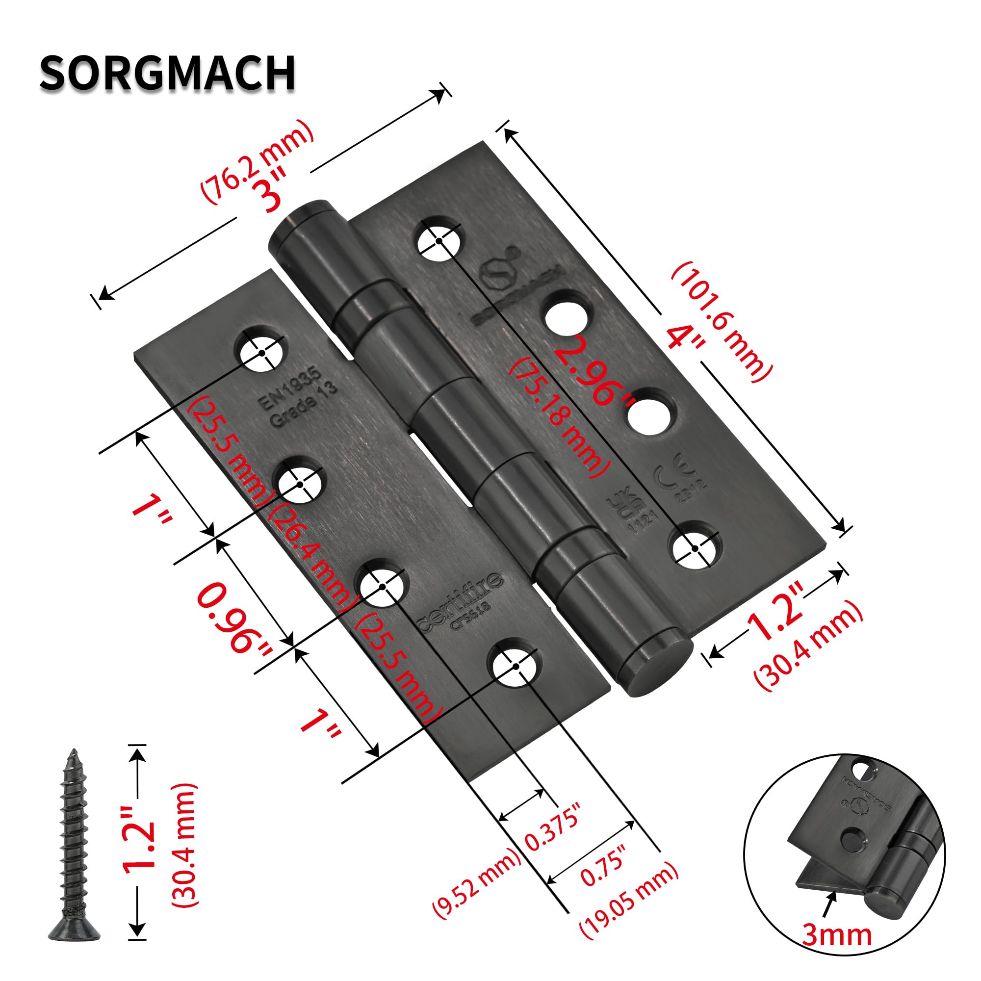 2 Pcs 4 Inch(100 mm) 304 Stainless Steel Heavy Duty Outdoor Black Door Hinges for Wood, 304 Stainless Steel, Pvd Black - Image 2