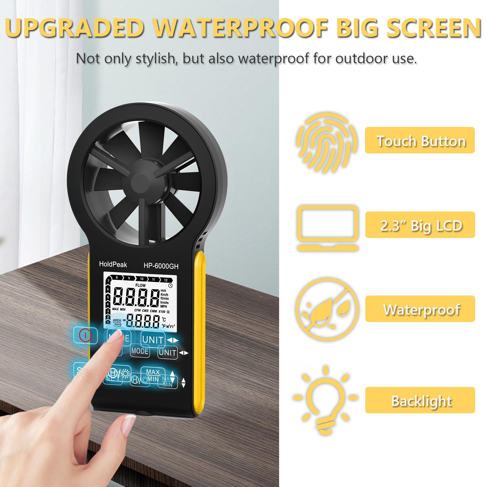 HOLDPEAK Anemómetro Digital VMC Medición de la Velocidad del Viento Temperatura USB C Pantalla LCD Retroiluminada Anemómetro Portátil Exterior Kitesurf