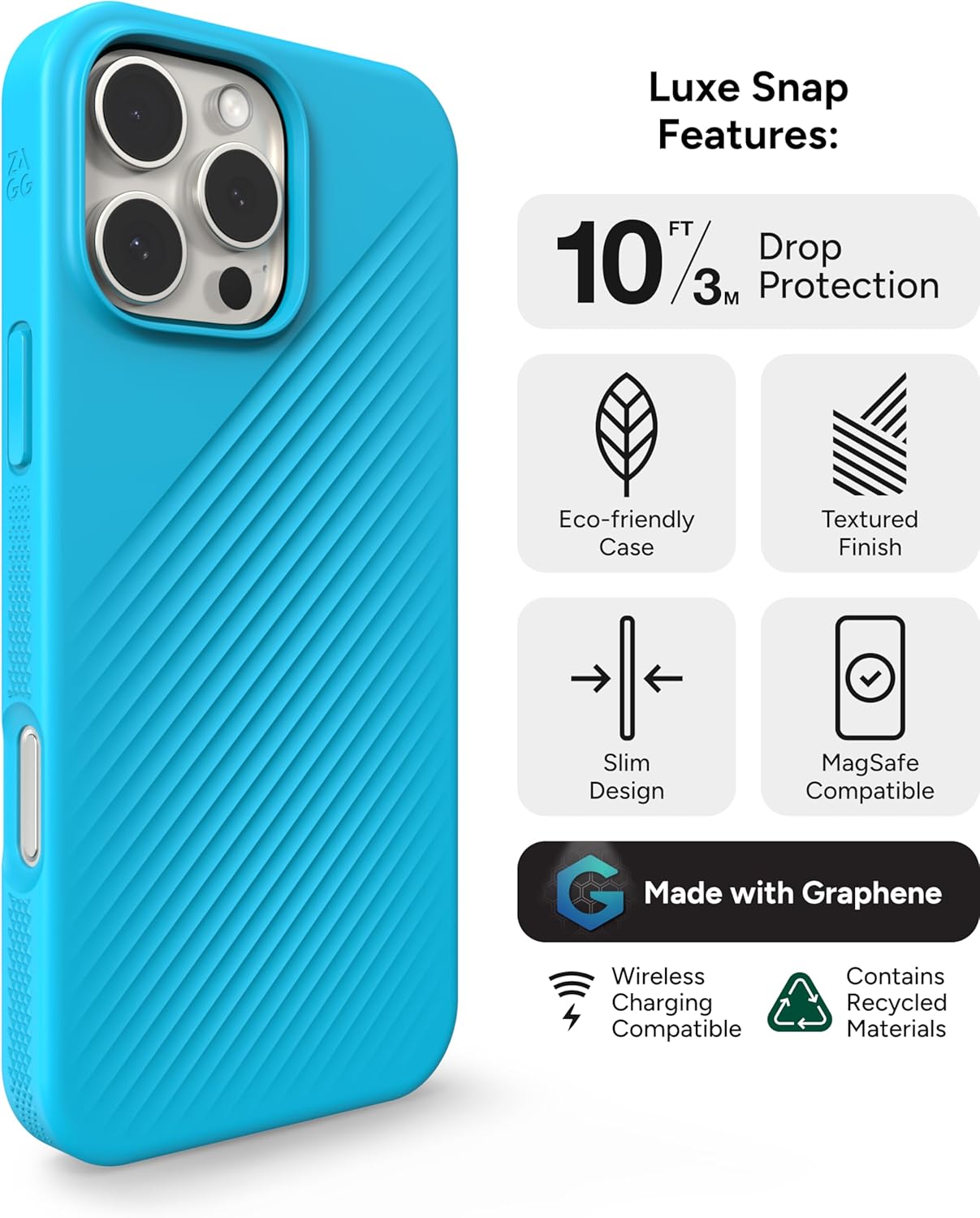ZAGG Luxe Snap Case for iPhone 16 Pro Max - MagSafe Wireless Charging, 10ft Drop Protection, Eco-Friendly, Graphene Reinforced, Ripple Design, River Blue