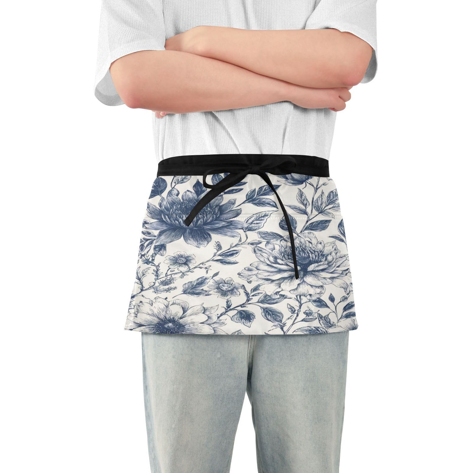 Kigai Peony Server Aprons for Men Women Water & Oil Resistant Waitress Waiter Waist Apron with 3 Pockets