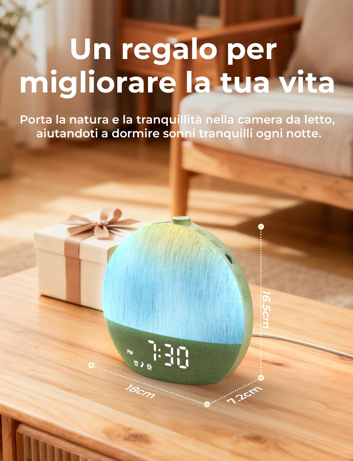 LIORQUE Sveglia Luminosa con Simulazione Alba, Sveglia da Comodino | Bluetooth, Rumore Bianco, 30 Suoni Rilassanti, Timer Spegnimento, Design Senza Schermo, Luce Notturna Regolabile