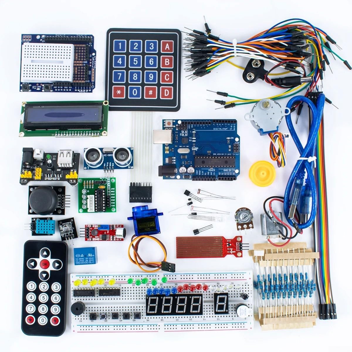 Kit de aprendizaje completo compatible con Arduino R3 con diversos componentes como motor paso a paso de pantalla LCD y relés para principiantes educación electrónica blanco (UNO-Pro)