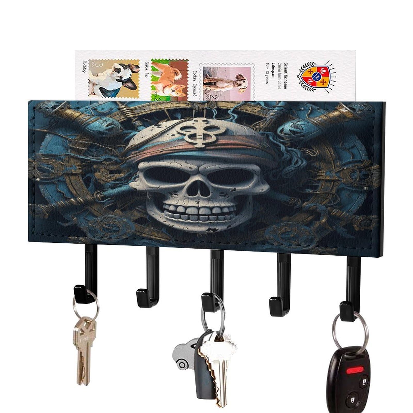 Fekiloot Black-Style Skeleton Pirate Key Holder Wall Mount Key Hanger With 5 Hooks Decorative Key Rack Hanging Key Hooks With Mail Organizer Key Holder For Wall Living Room Kitchen Bathroom Hallway Black