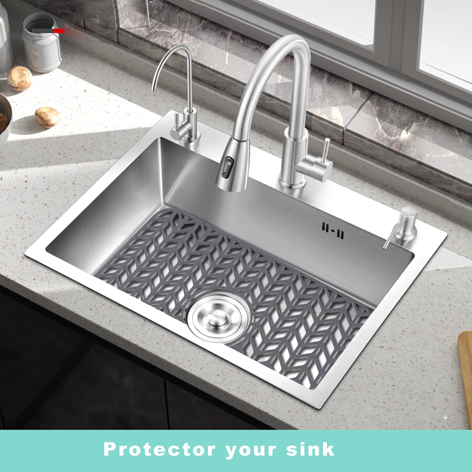 AWOKE Tapis de protection d'évier de cuisine pliable antidérapant pour fond d'évier en porcelaine avec drain central 46 x 31 cm (gris)