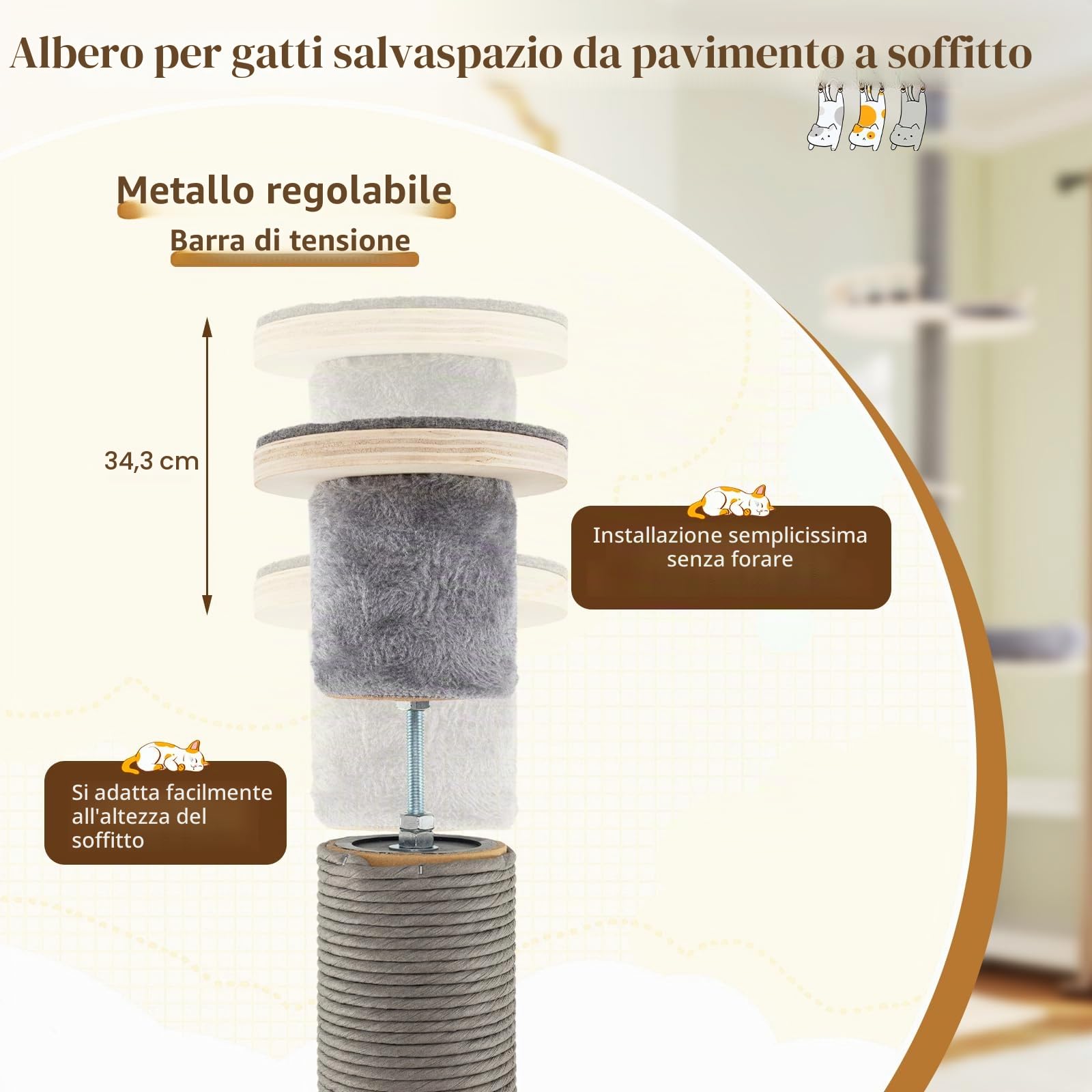FANTASK Tiragraffi per gatti, a 5 piani, alto per gatti, dal pavimento al soffitto, con letto in peluche, amaca e piattaforme, albero da arrampicata in legno, 236-271 cm (grigio)