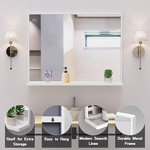 Miniatura 3 de ANYHI Espejo de pared de baño blanco de 32 x 24 pulgadas con estante espejo de baño moderno para pared espejo rectangular para colgar en la pared