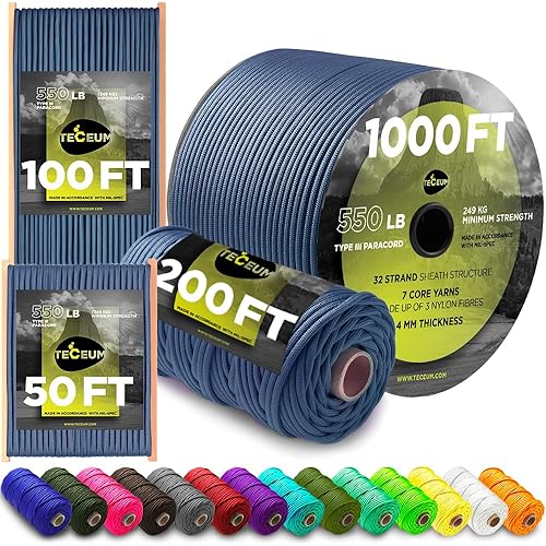 TECEUM Paracord Type III 550 Blue Oil – 1000 ft – 4mm – Tactical Rope MIL-SPEC – Outdoor para Cord –Camping Hiking Fishing Gear and Equipment – EDC Parachute Cord – Strong Survival Rope 420