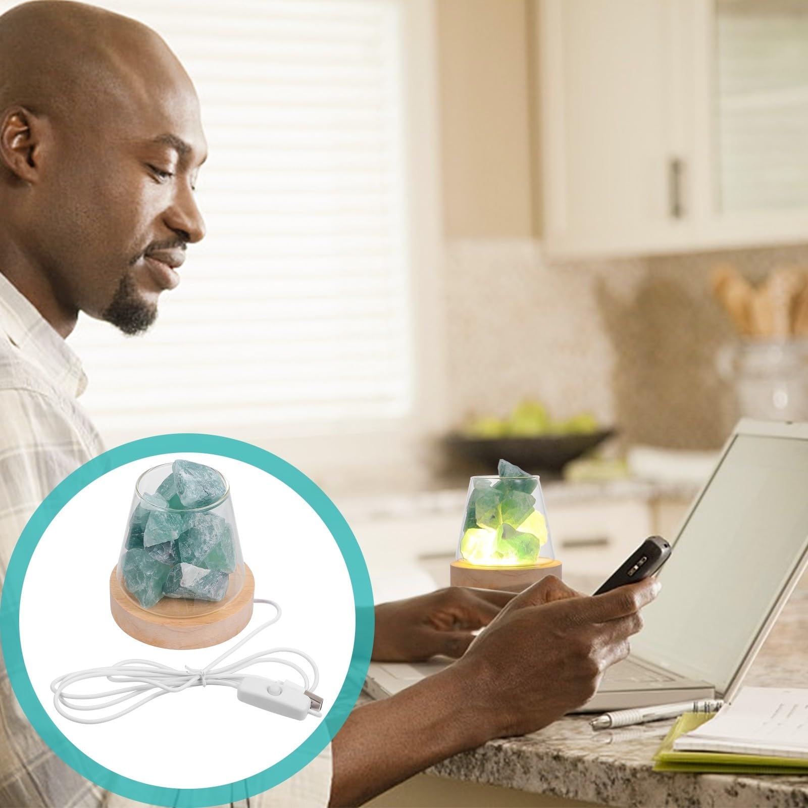 Zerodeko Lampe à Parfum Élégante Fonction Rafraîchissante et Diffusion D'huile Essentielle en Pierre de Cristal Verte Diffuseur D'arôme pour Intérieur pour Salon ou Salle de Bain