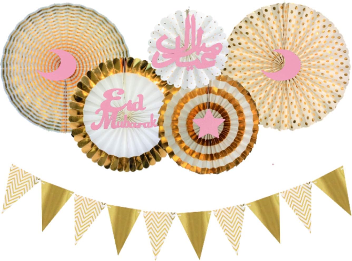 Eid Mubarak 11 Piece Set - Decoration Banners and Paper Fans - Perfect for Eid Parties and Events - (Gold & Pink)