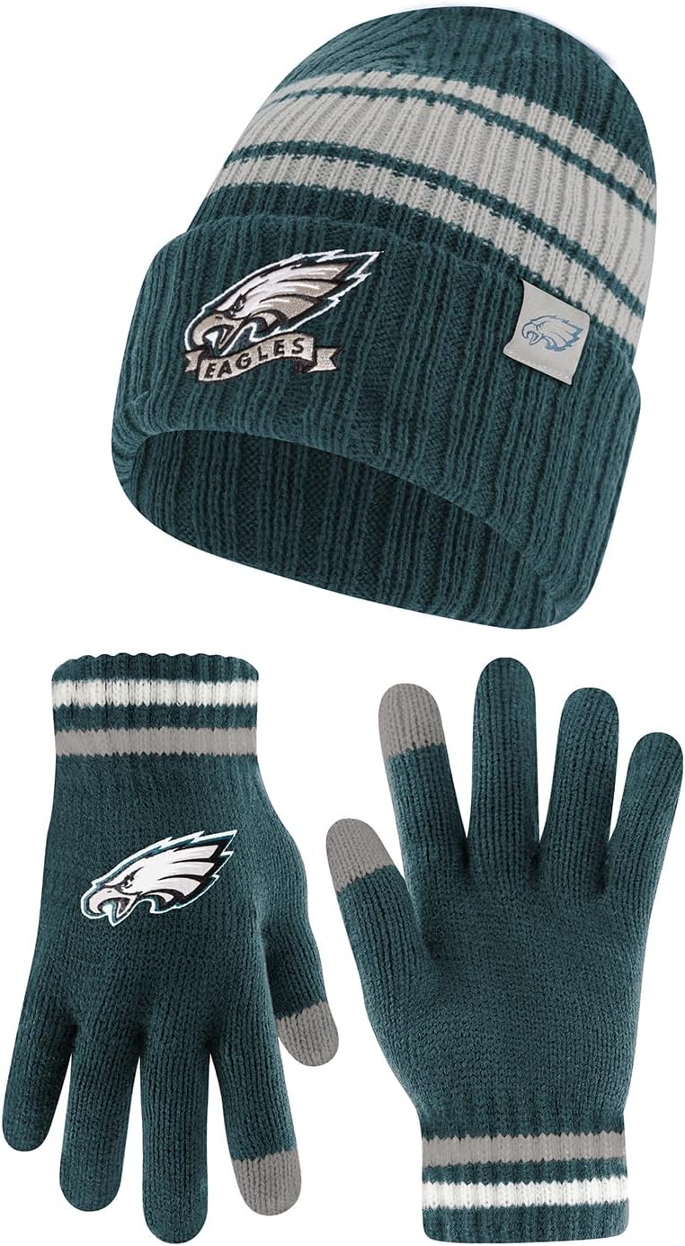 Ultra Game Adults NFL Official Super Soft Team Stripe Winter Beanie Knit Hat with Extra Warm Touch Screen Gloves