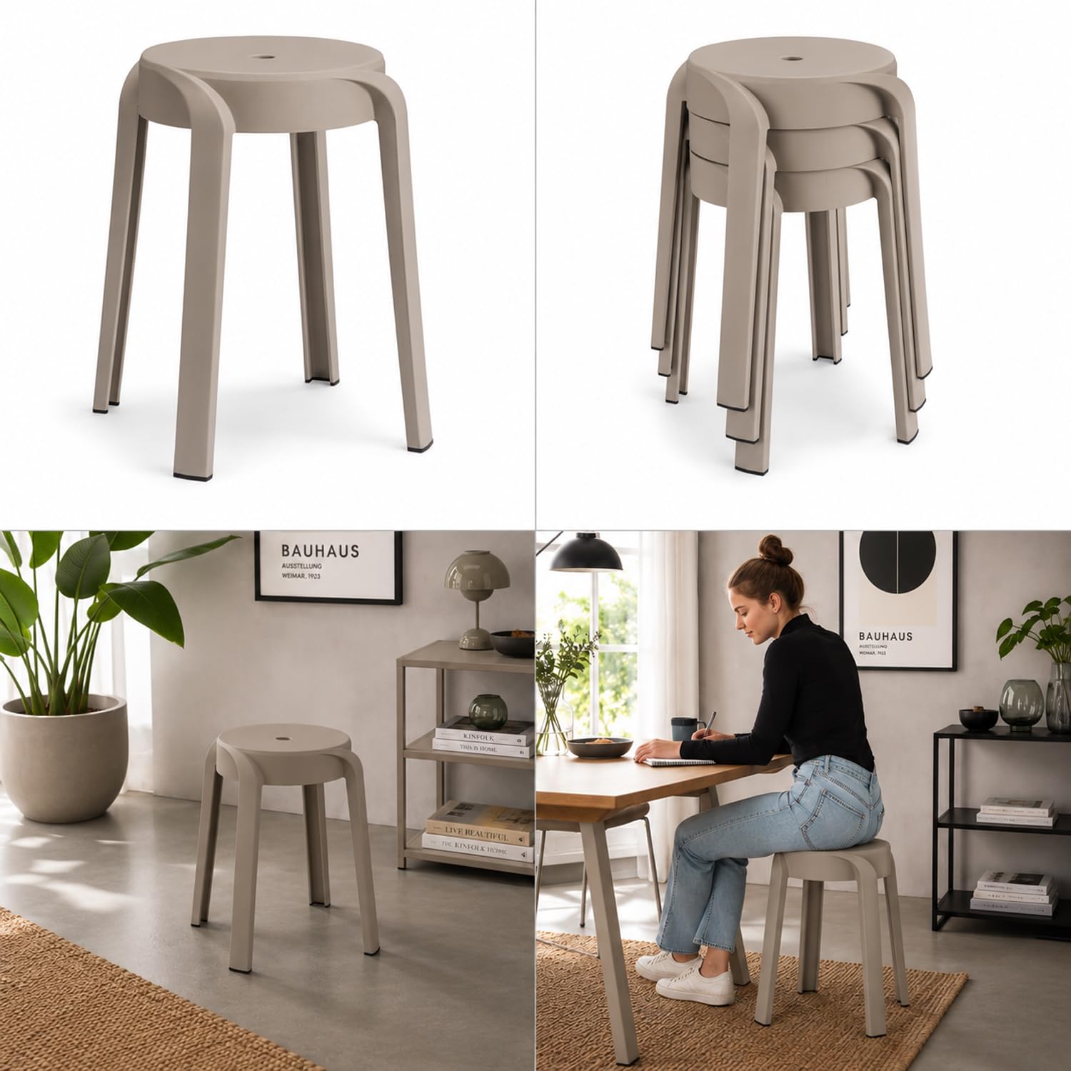 Mojawo Stapelbarer Kunststoff-Hocker Taupe 34 x 34 x 45 cm - Leichter Sitzhocker 1,5 kg - Robuster Gartenhocker für Innen- & Außenbereich - Hygienisch, Langlebig & Platzsparend