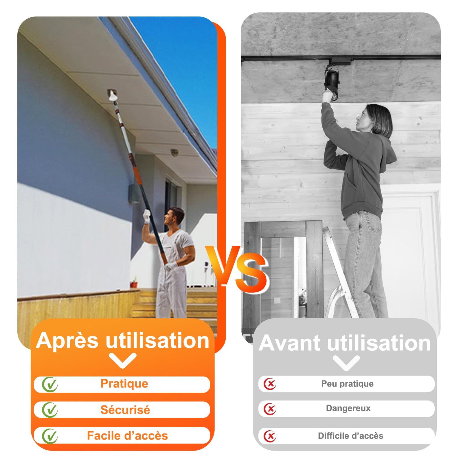 LAANPOLE Changeur 3,6m D’ampoules pour Hauts Plafonds, avec Paniers et Ventouse pour Luminaires Encastrés, Perche Télescopique Réglable