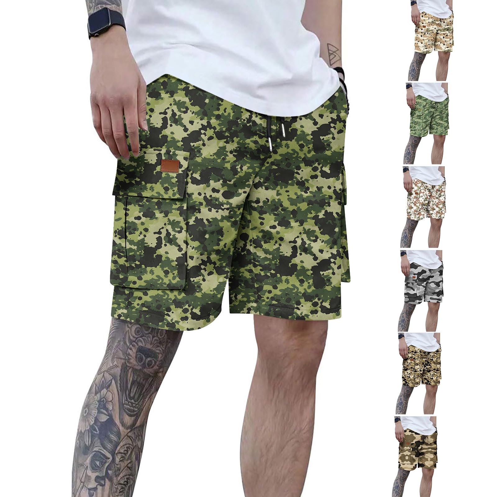 Cargo Shorts Herren Kurze Hosen Sommer Camouflage Hose Kurz Arbeitshose Casual Laufshorts Herrenshorts mit Kordelzug Baggy Cargoshorts Freizeitshorts Männer Outdoorshorts Tarnung XXL