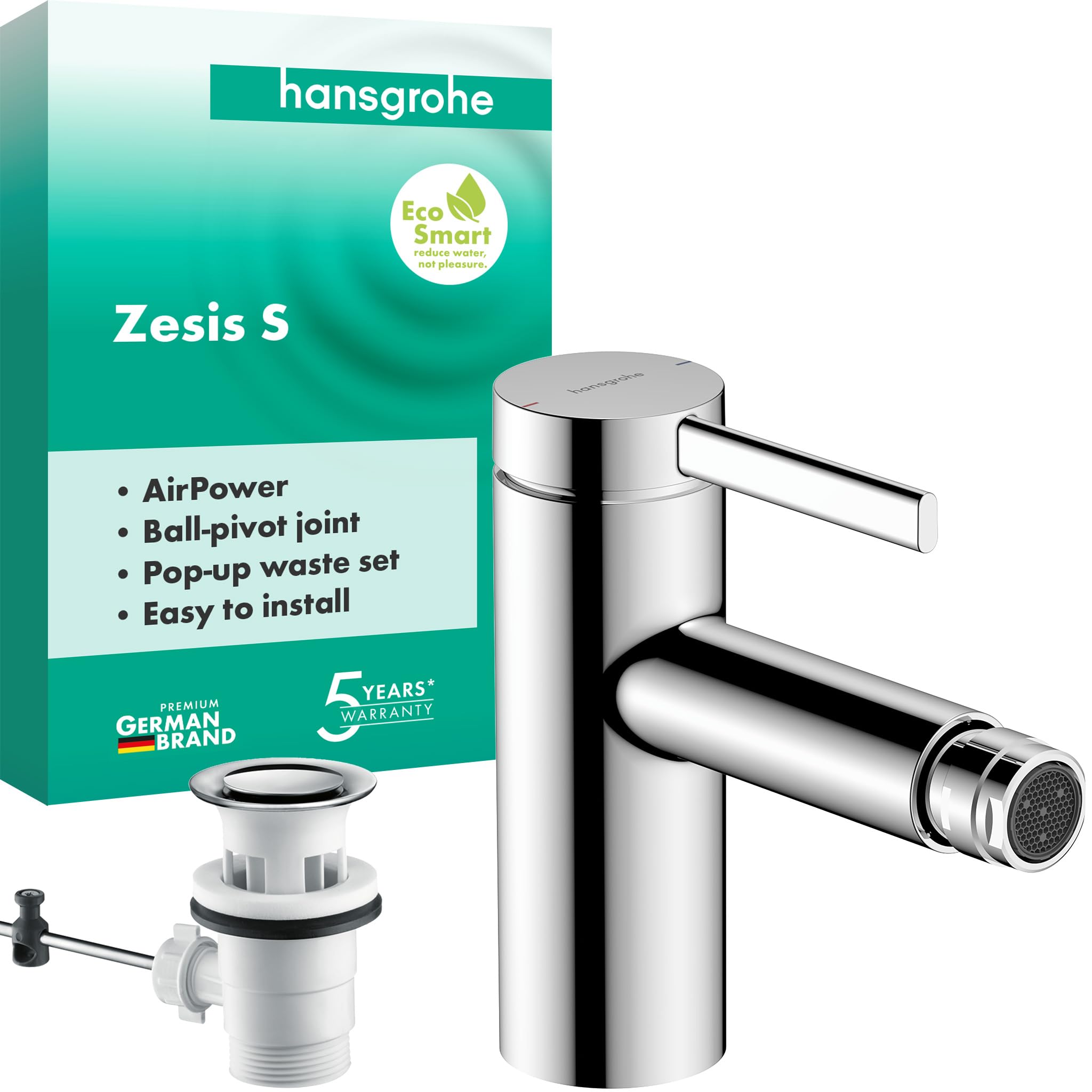 hansgrohe Zesis S - Bateria bidetowa z zestawem odpływowym klik-klak, jednouchwytowa bateria bidetowa oszczędność wody (EcoSmart) z wysokość wylewki 83 mm, chrom, 74200000