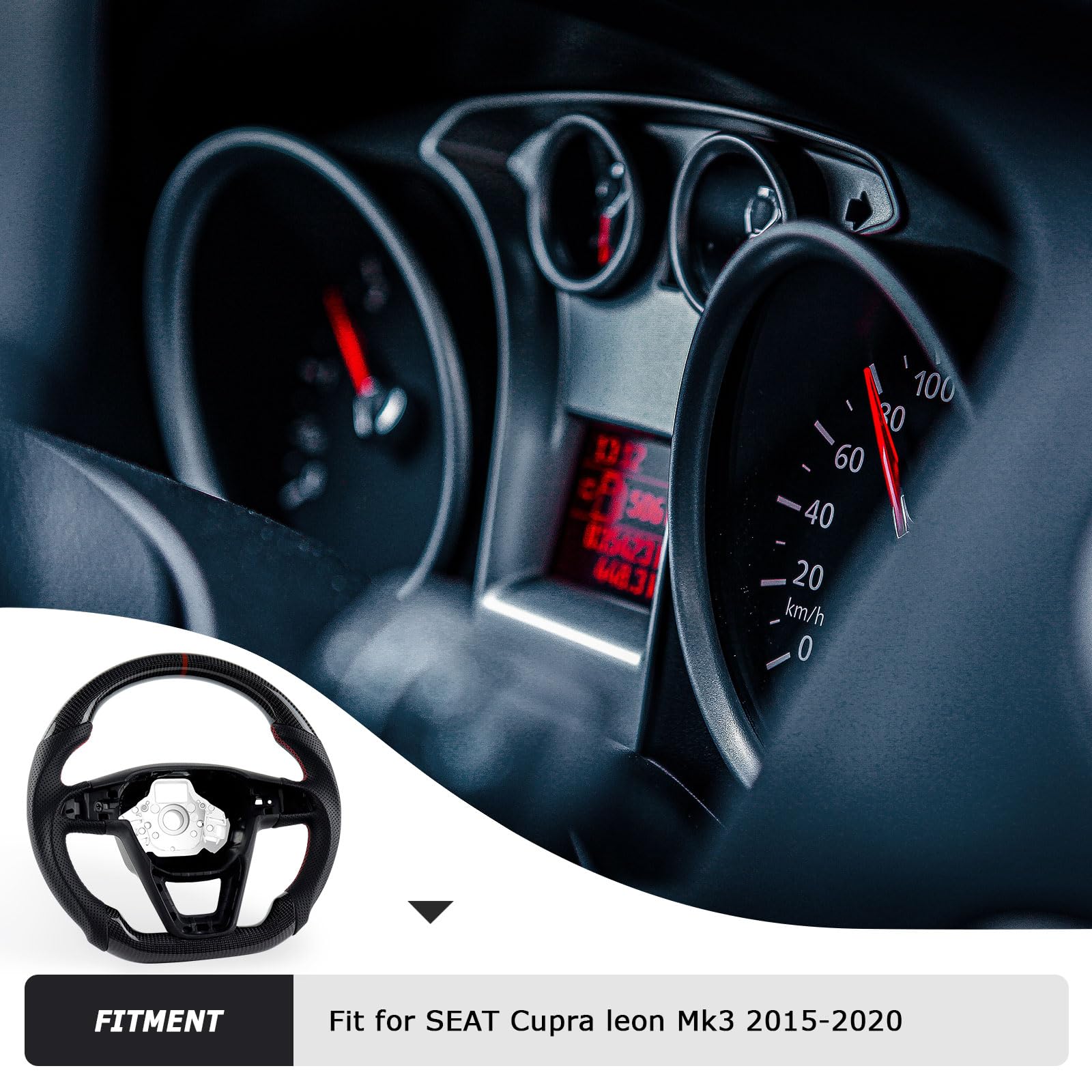 Carbonfaser-Lenkrad, Lederlenkrad D-Form flacher Boden rote Nähte personalisiertes Lenkrad, perforierter Ledergriff für SEAT Cupra leon MK3 2013-2019