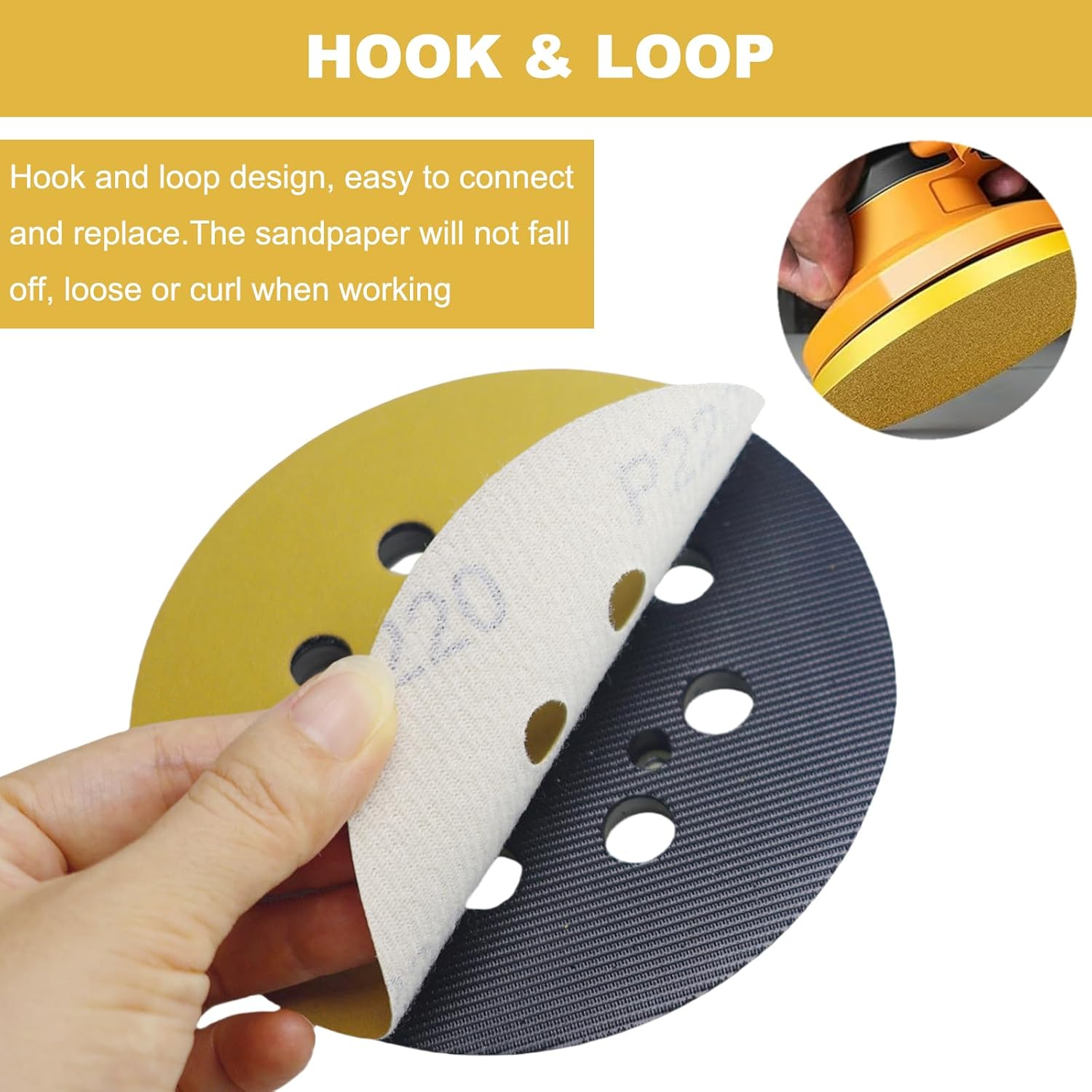 100 PCS 5 Inch 8 Hole Gold Sanding Discs - 60, 80, 120, 220, 320 Grit Dustless Hook and Loop Sandpaper Finishing Discs for Random Orbital Sander Woodworking or Automotive