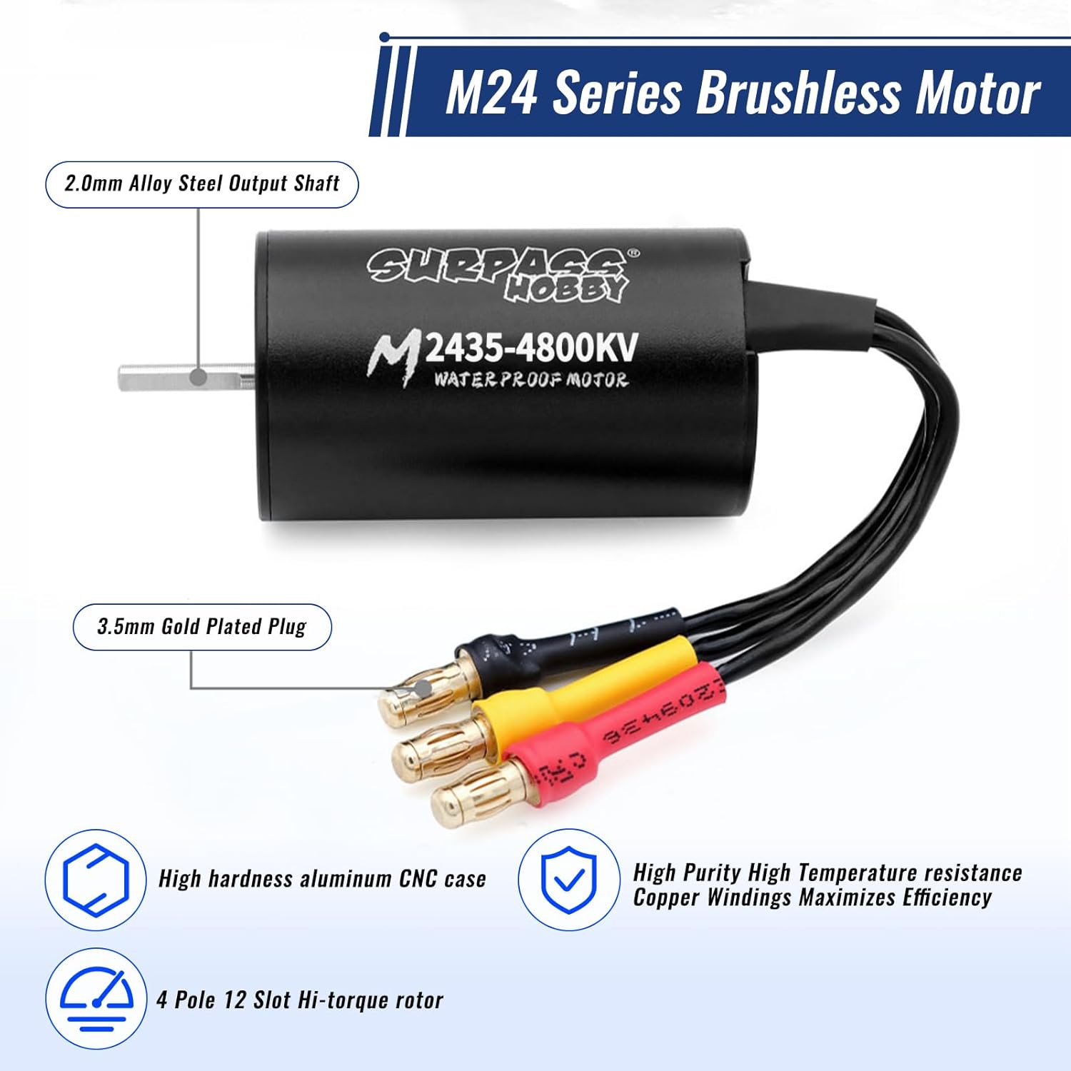 2435 Brushless Motor with 35A Waterproof ESC Combo Sensorless Motor and Electric Speed Controller for 1/14 1/16 1/18 RC Car Trucks (Black) (4800KV)
