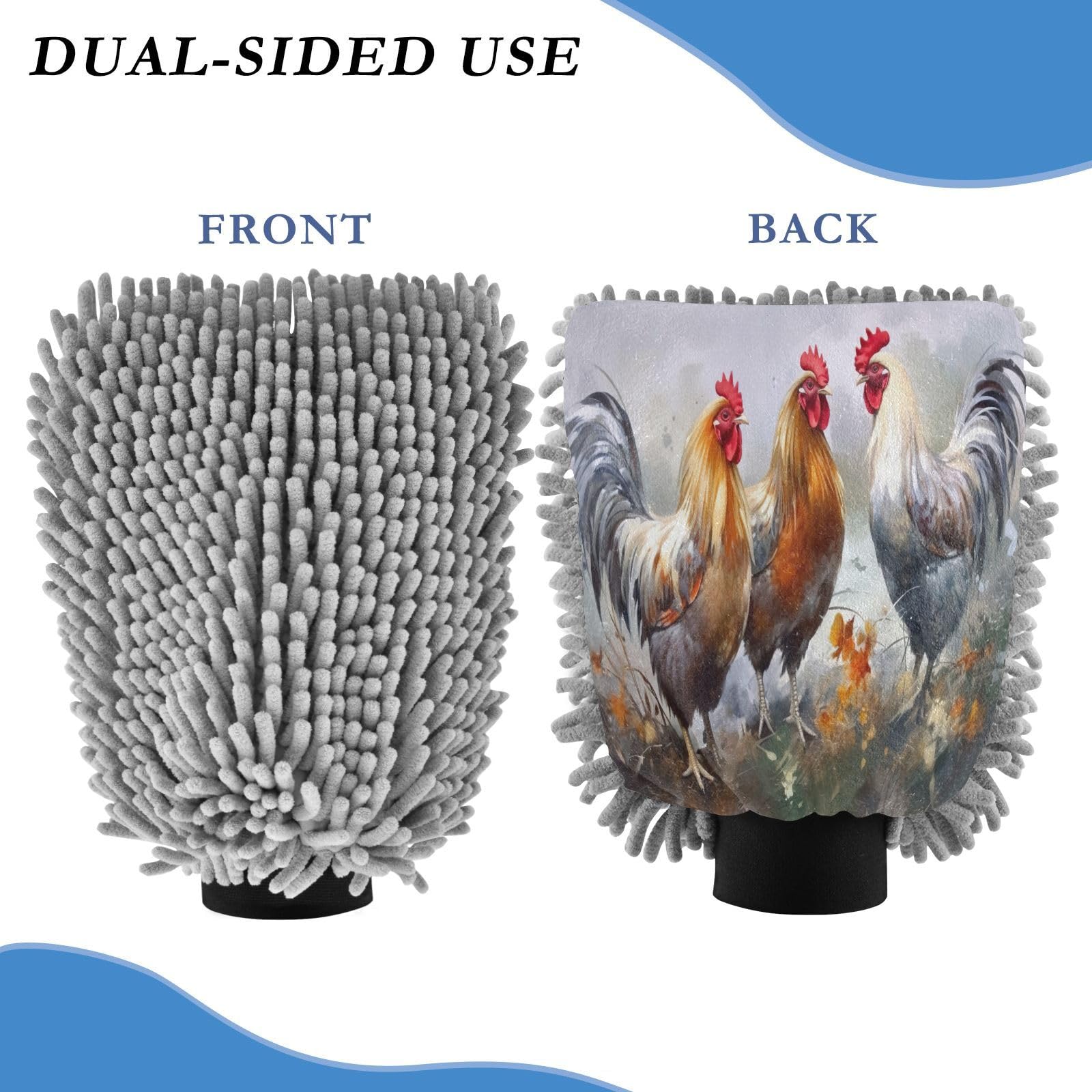 Flradish 2 Pack Vintage Rooster Car Wash Mitt Chenille Microfiber Lint-Free Scratch Free Ultra-Soft Absorbent Car Wash Mitt 11.8x8.07 Inch