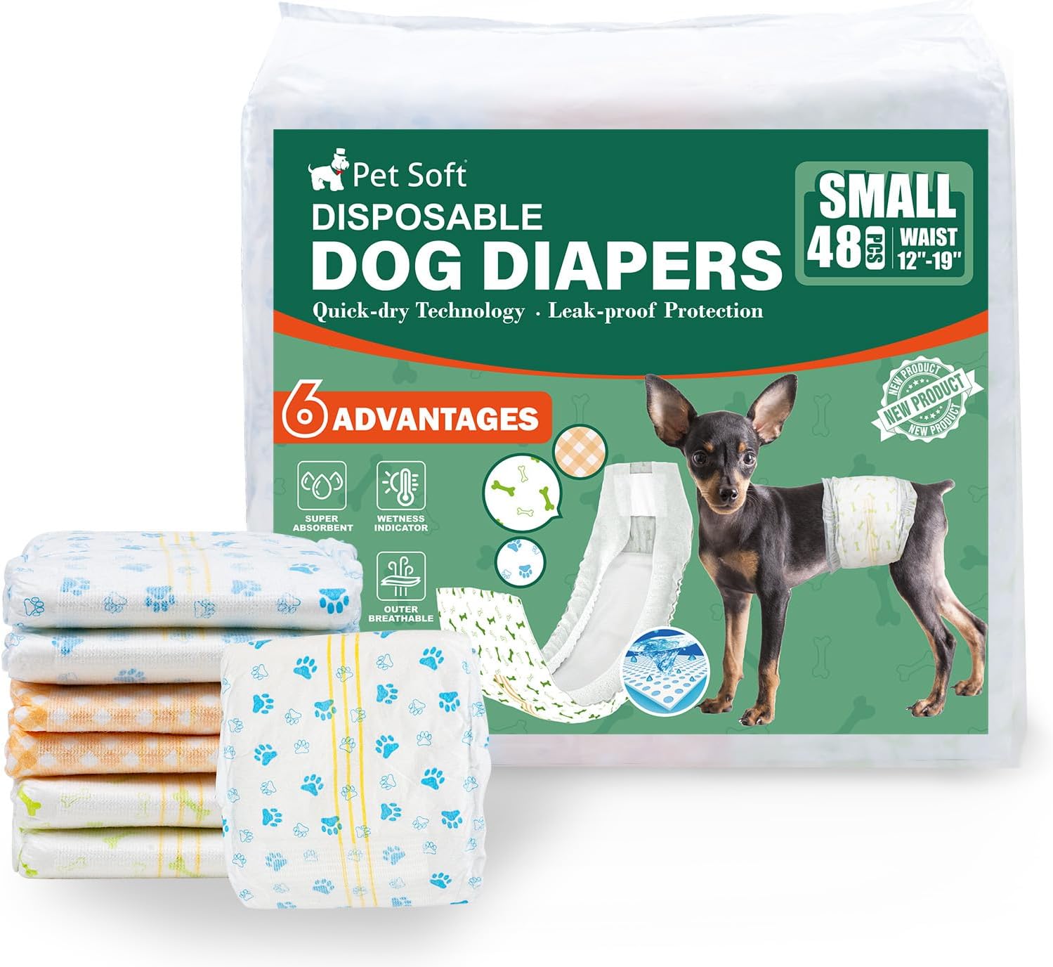 Pet Soft Disposable Dog Dipaers - Male Dog Wraps Wetness Indicator, Ultra Absorbent Puppy Diapers Male for Excitable Urination or Incontinence, 48pcs Small