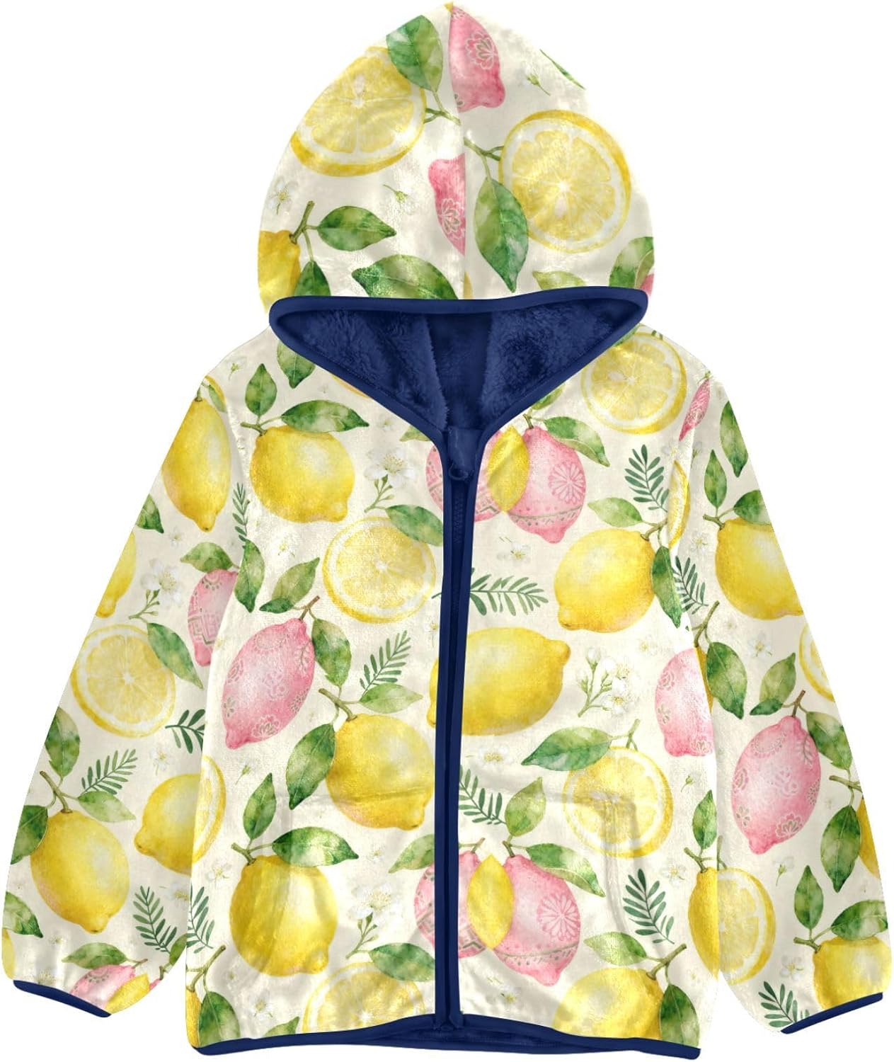 Lemons and Citrus Fruits Pattern Toddler Fleece Zip Up Children Coat Navy Blue Baby Zipper Hoodie