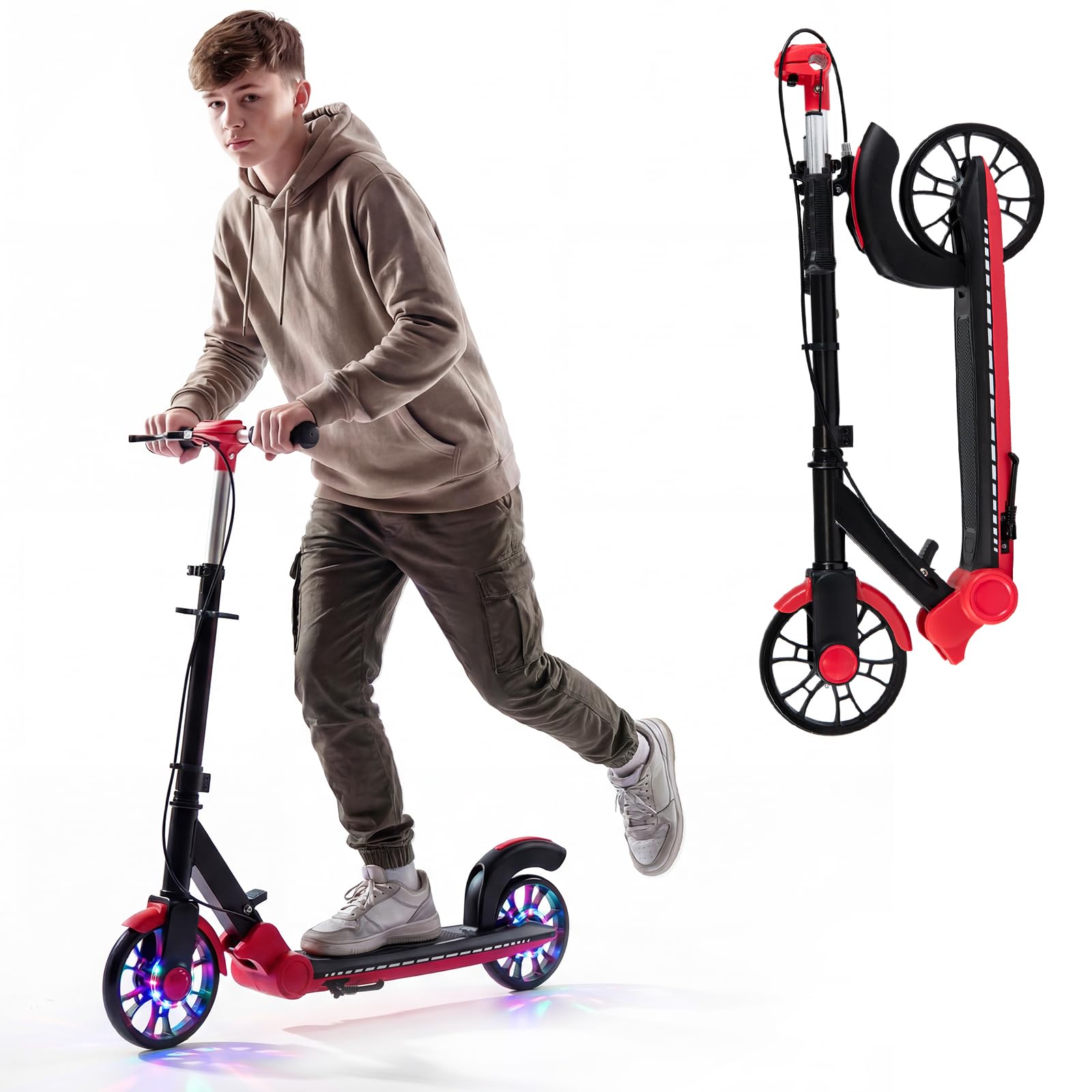 COSTWAY Trottinette Enfant Adultes(Charge Max 100 kg) avec Roues Lumineuse LED 180mm, Trottinette Freestyle Pliable avec Béquille et Guidon Réglable, ABEC-7, Plateforme Antidérapante, 6 Ans+