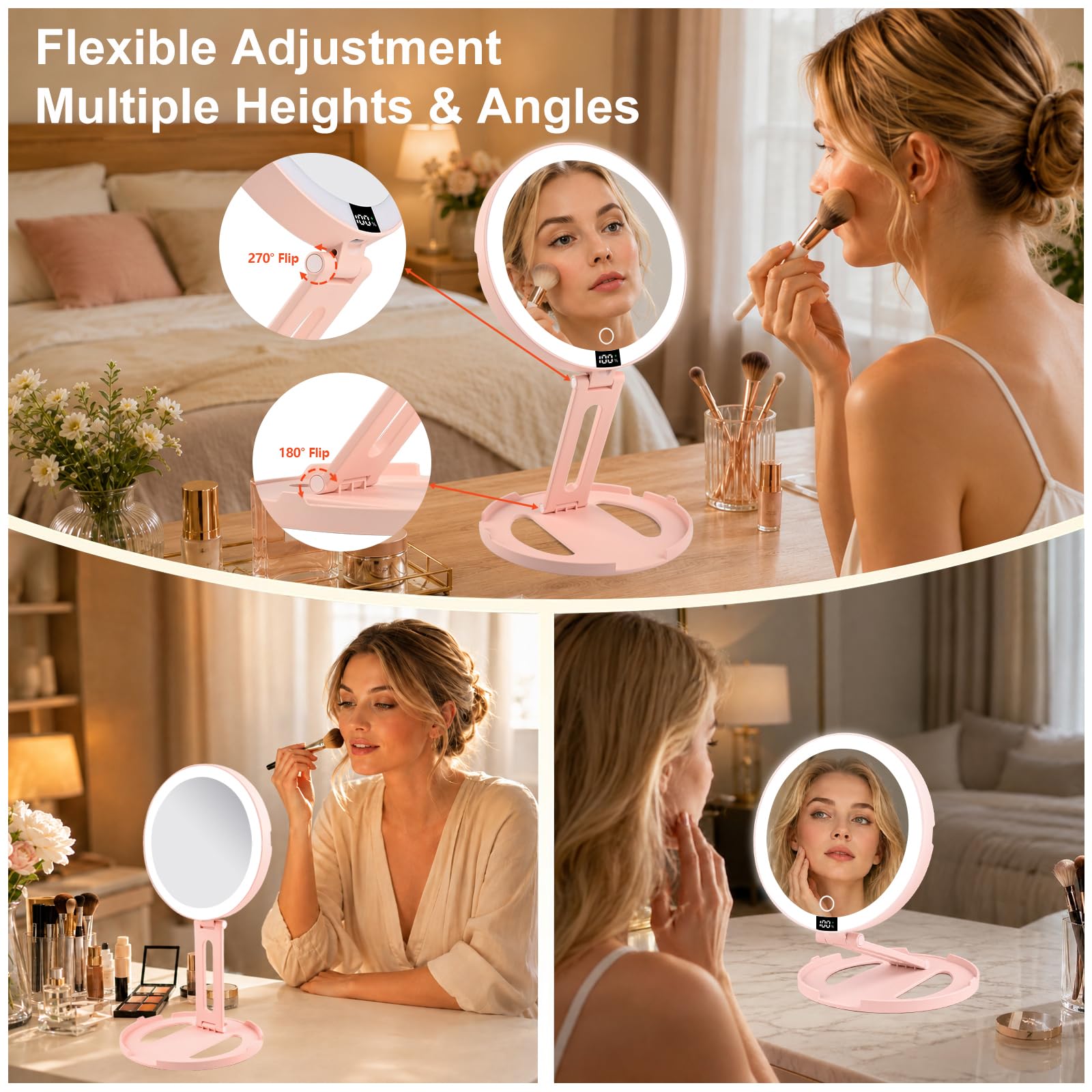HAISSKY Specchio da viaggio per il trucco, portatile a doppio lato, ingrandimento 20X/1X, con luce a 3 colori e interruttore touch, specchio compatto pieghevole da appendere, regalo per donne