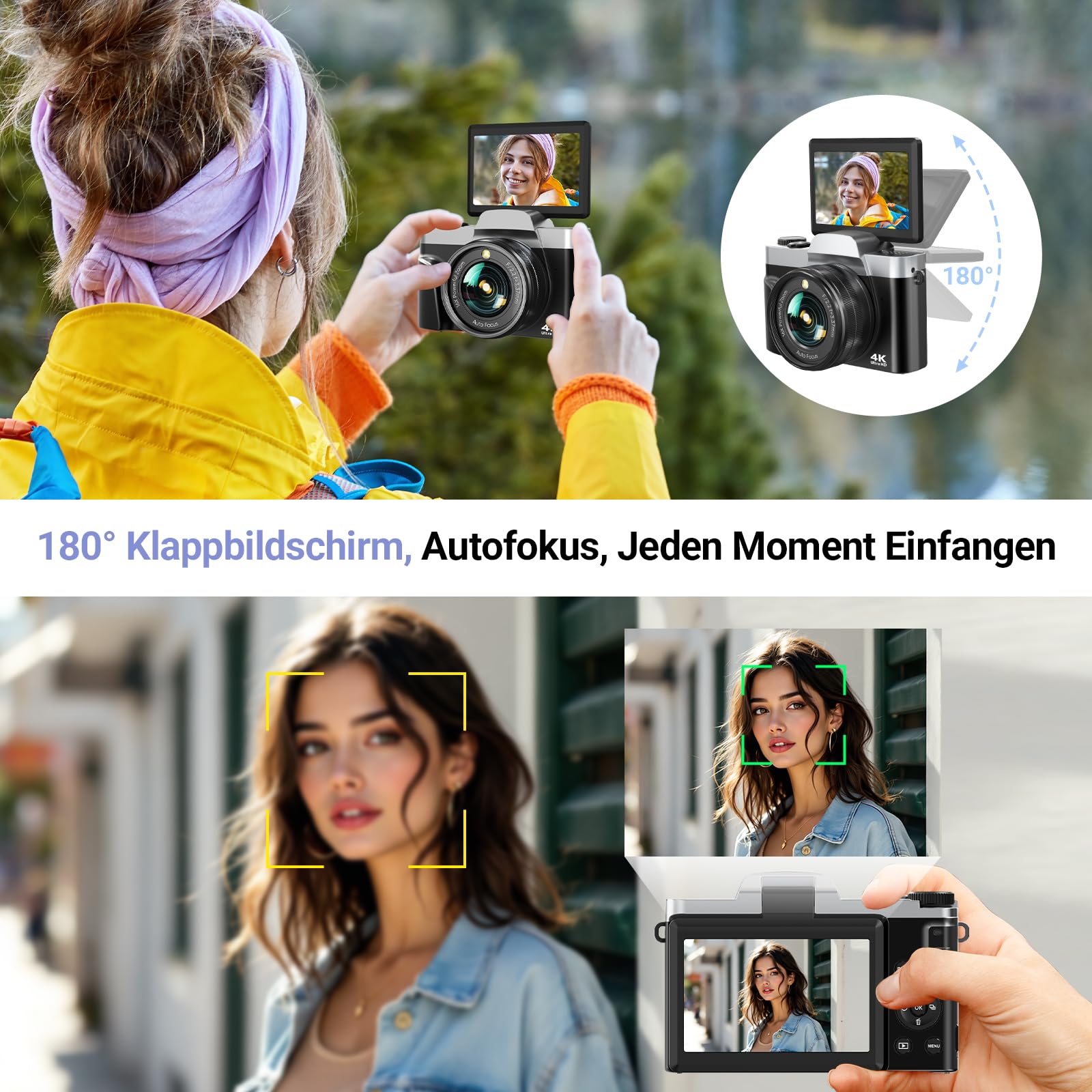Digitalkamera mit WLAN 4K 64MP WiFi Fotokamera mit 3″ 180° Klappbildschirm, Autofokus,16X Digitalzoom, 2 Akkus & 32GB Karte Kompaktkamera für Vlogging & Fotografie
