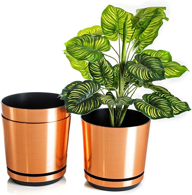 Korad COPPER flower indoor plant pot with saucer plastic gloss modern decorative planter with drainage holes (6.4 inches (16 cm), Copper)