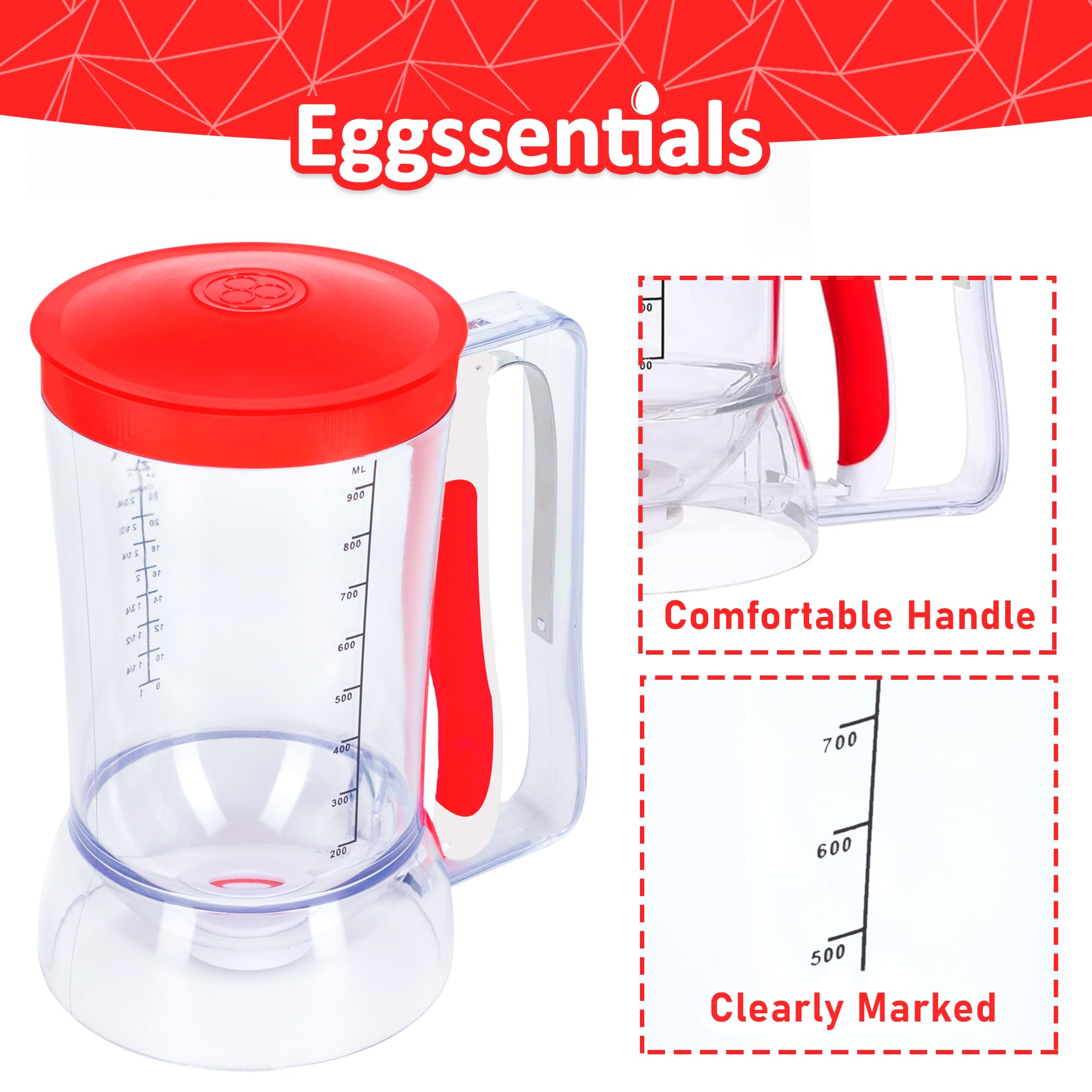 Eggssentials Dispensador de panqueques, dispensador de masa con mango para apretar, para cupcakes, panqueques, pasteles de galletas, gofres y separación de galletas.