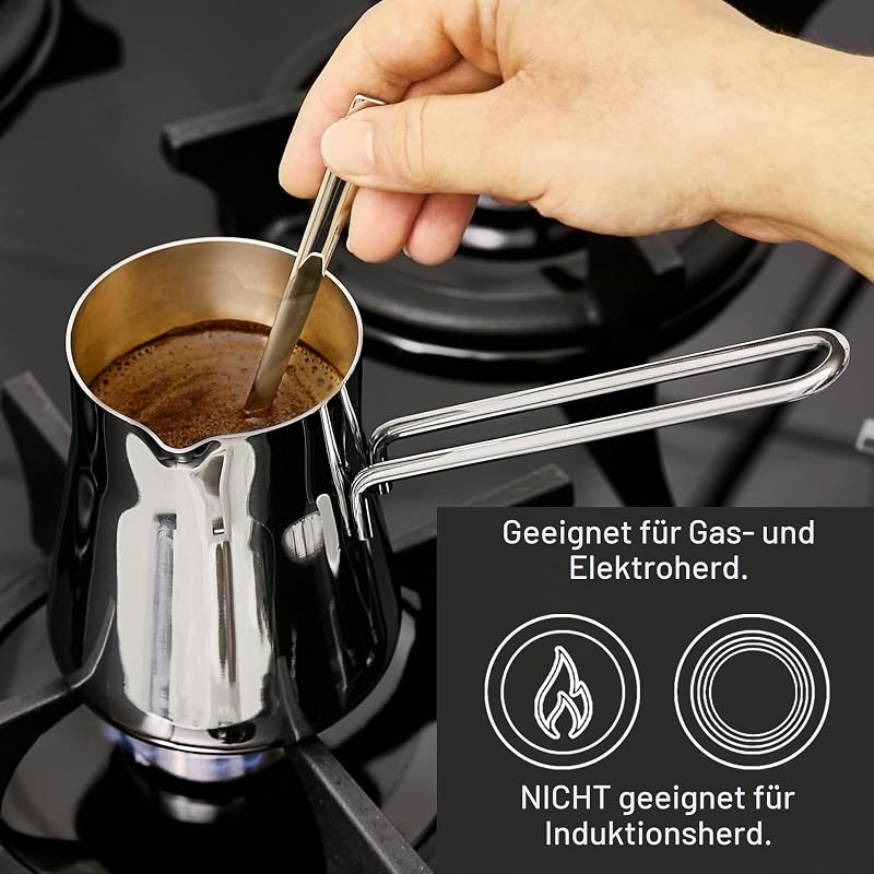 Cezve pentru cafea turcească Crystalia 425 ml din oțel inoxidabil 18/10, ibric pentru aragaz, cu cioc de turnare pentru lapte